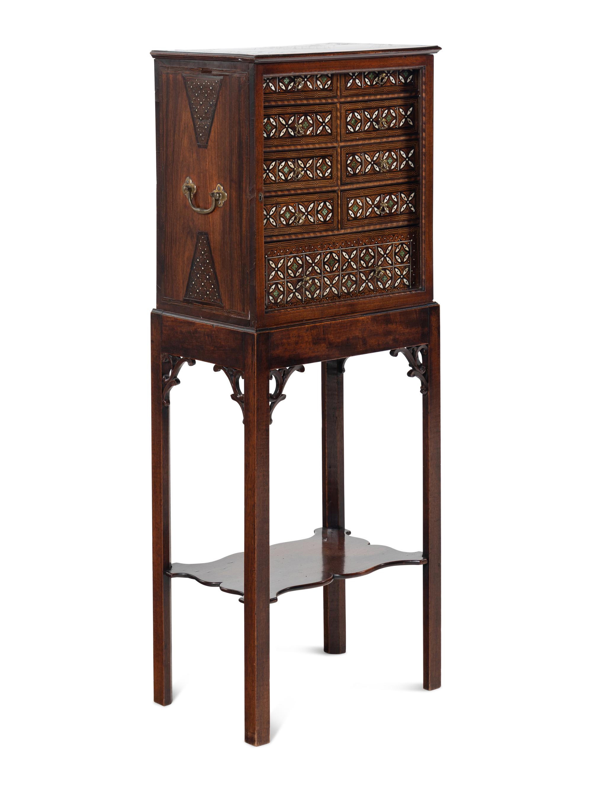 An English Various Woods and Ivory-Inlaid Collector's Case on Stand