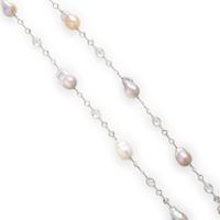 Baroque Cultured Pearl, White Topaz, and White Gold Station Necklace