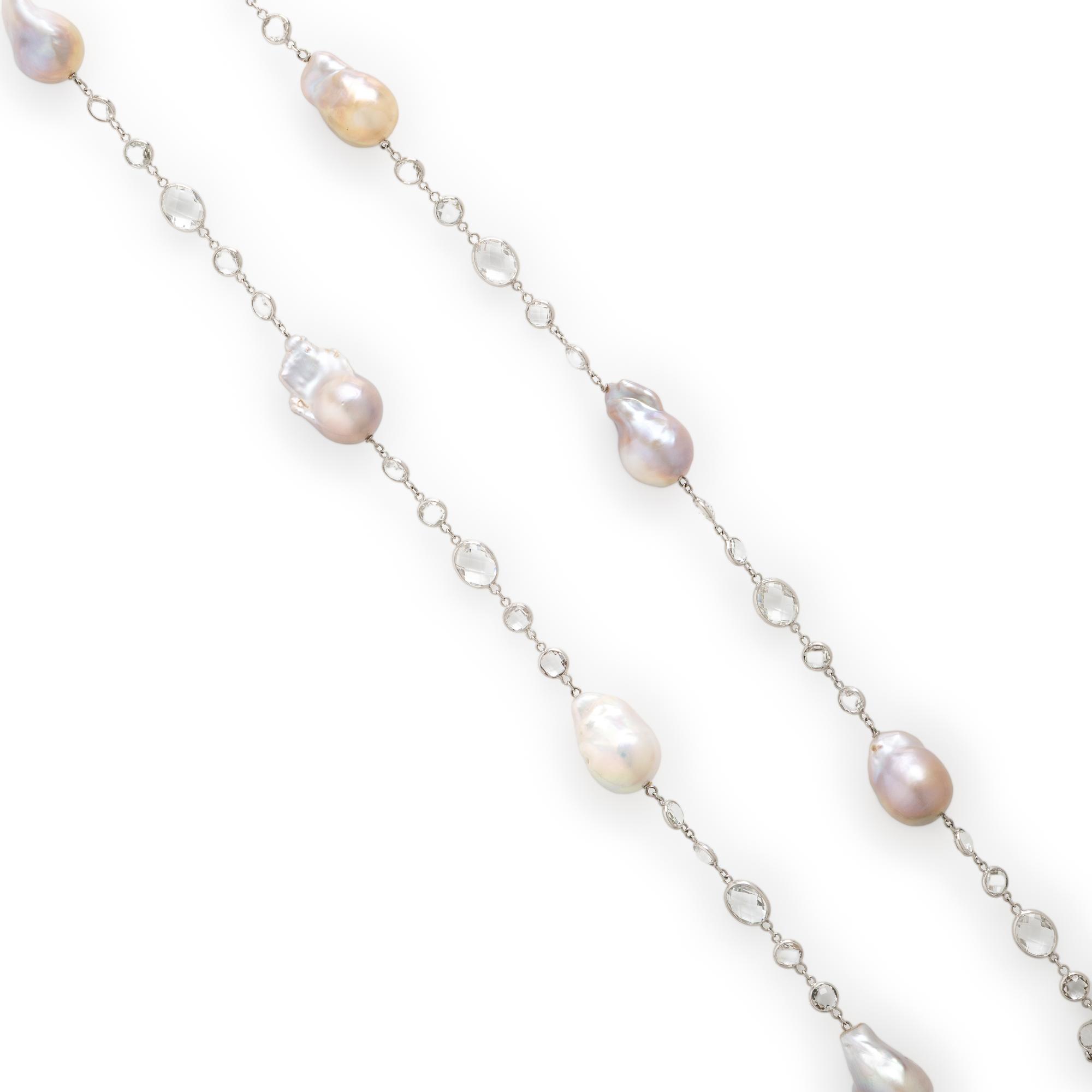 Baroque Cultured Pearl, White Topaz, and White Gold Station Necklace