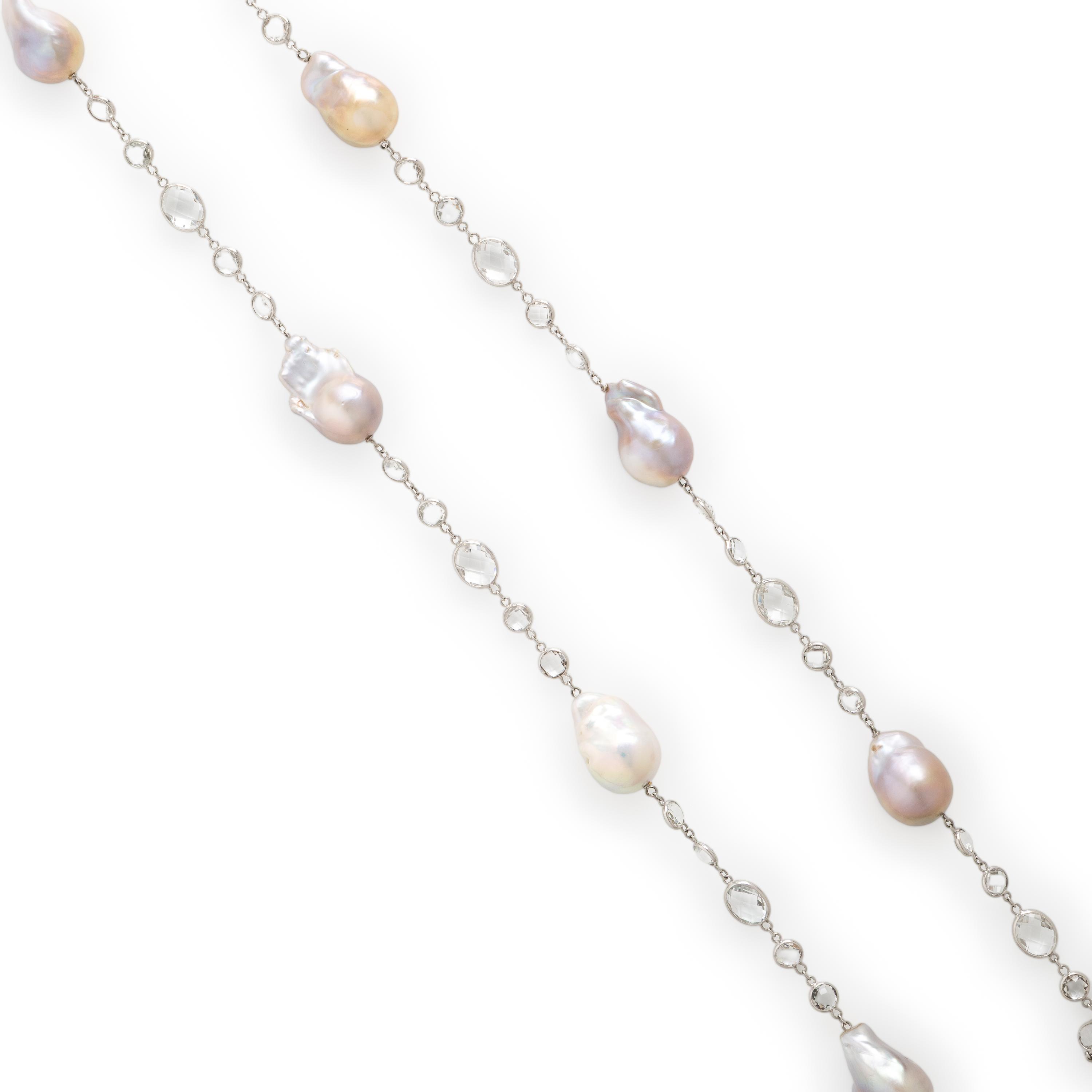 Baroque Cultured Pearl, White Topaz, and White Gold Station Necklace