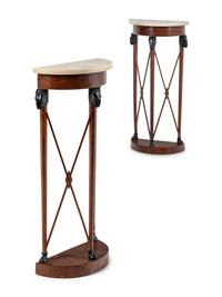 A Pair of Italian Neoclassical Part-Ebonized Walnut Demilune Tables