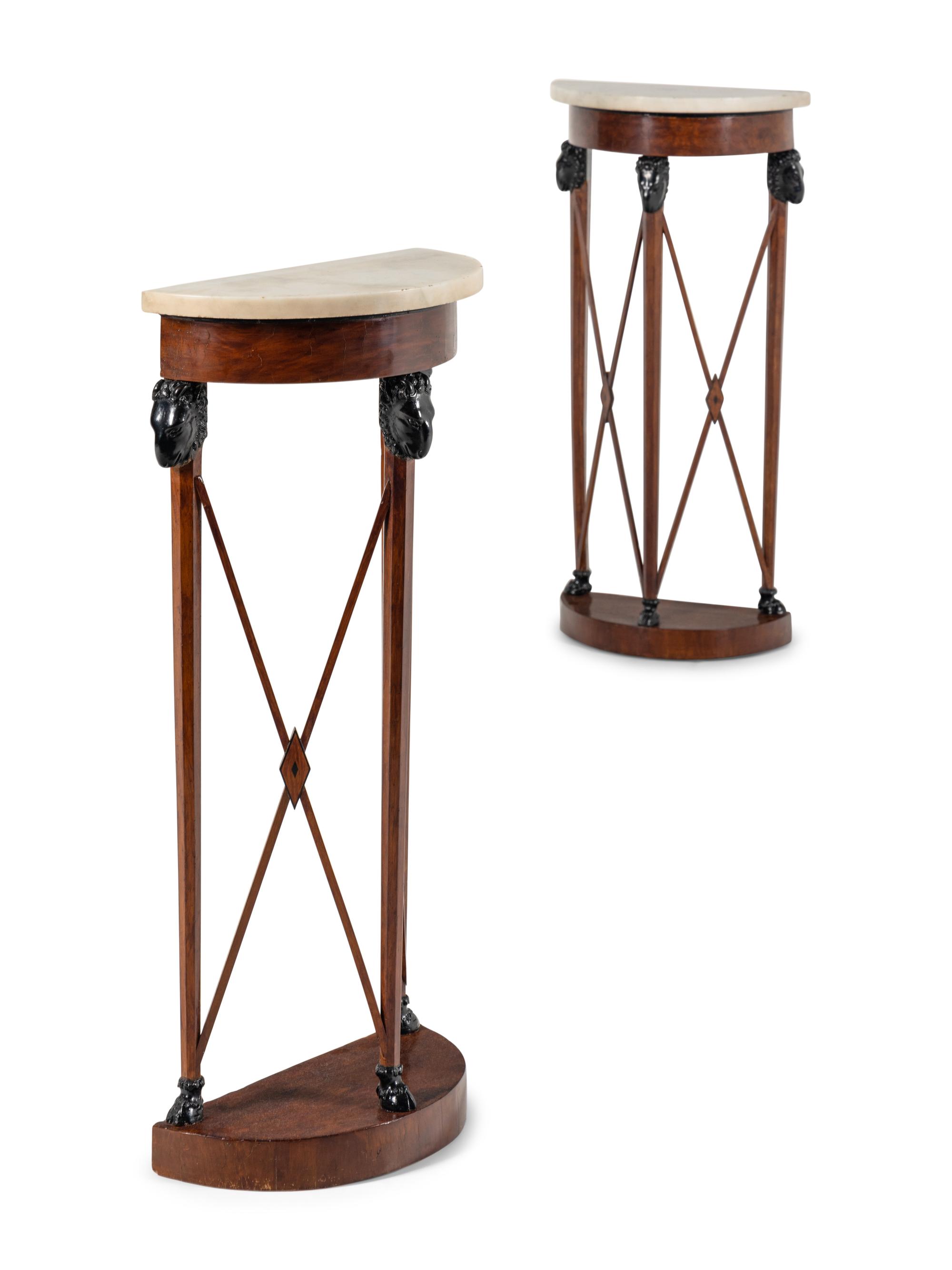A Pair of Italian Neoclassical Part-Ebonized Walnut Demilune Tables