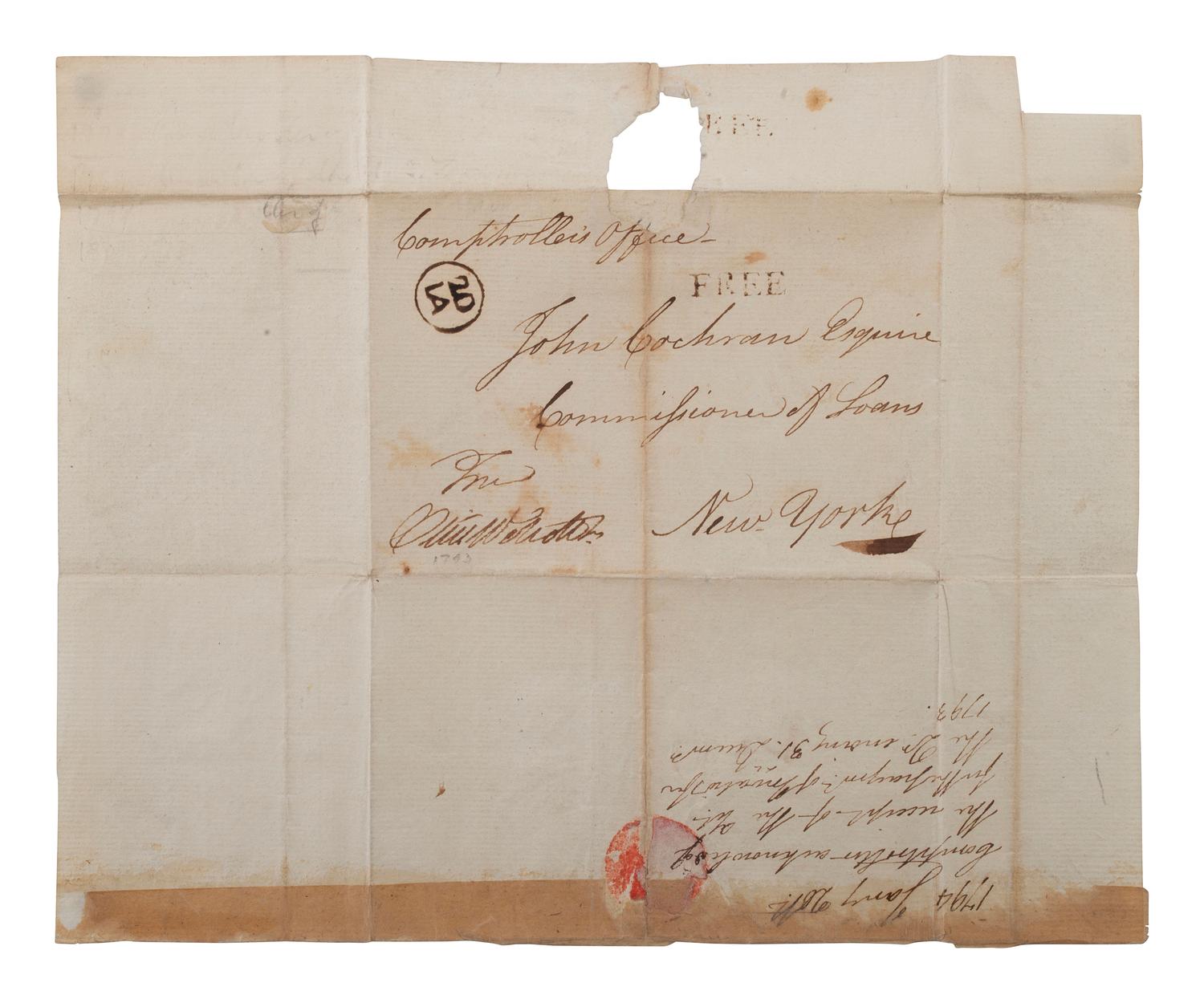 [FOUNDING FATHER]. WOLCOTT, Oliver Jr. (1760-1833). Letter signed ("Oliv. Wolcott Jr.") as Comptroller. "Treasury Department, Comptroller's Office," 20 January 1794. With free franked envelope.