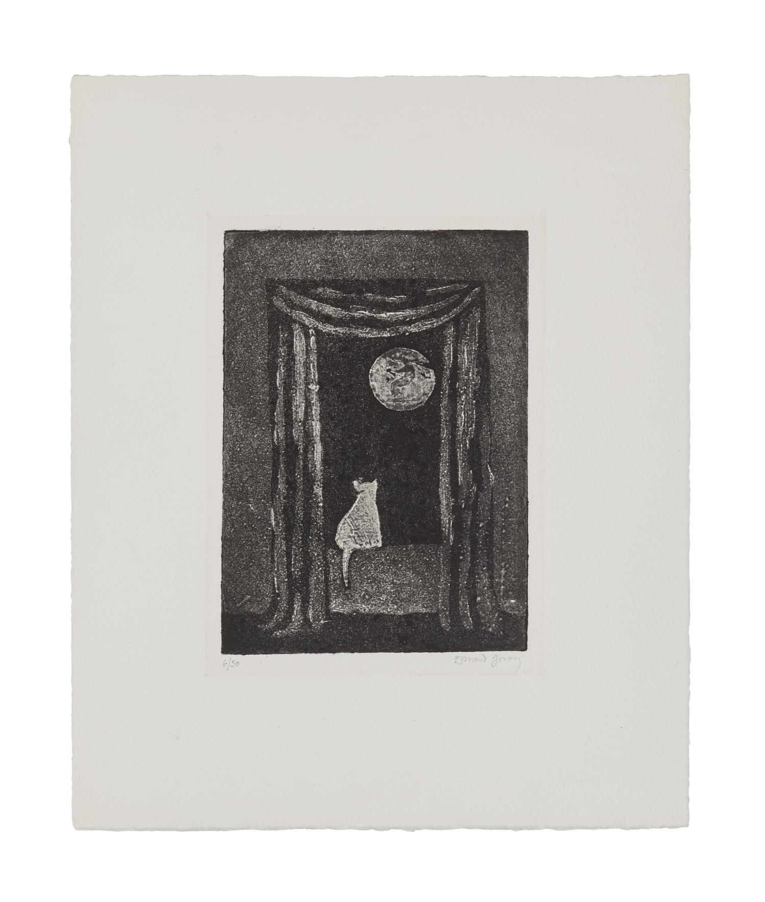 GOREY, Edward (1925-2000). Cat in Window observing Night Moon. [New York: Gotham Book Mart, 1985].