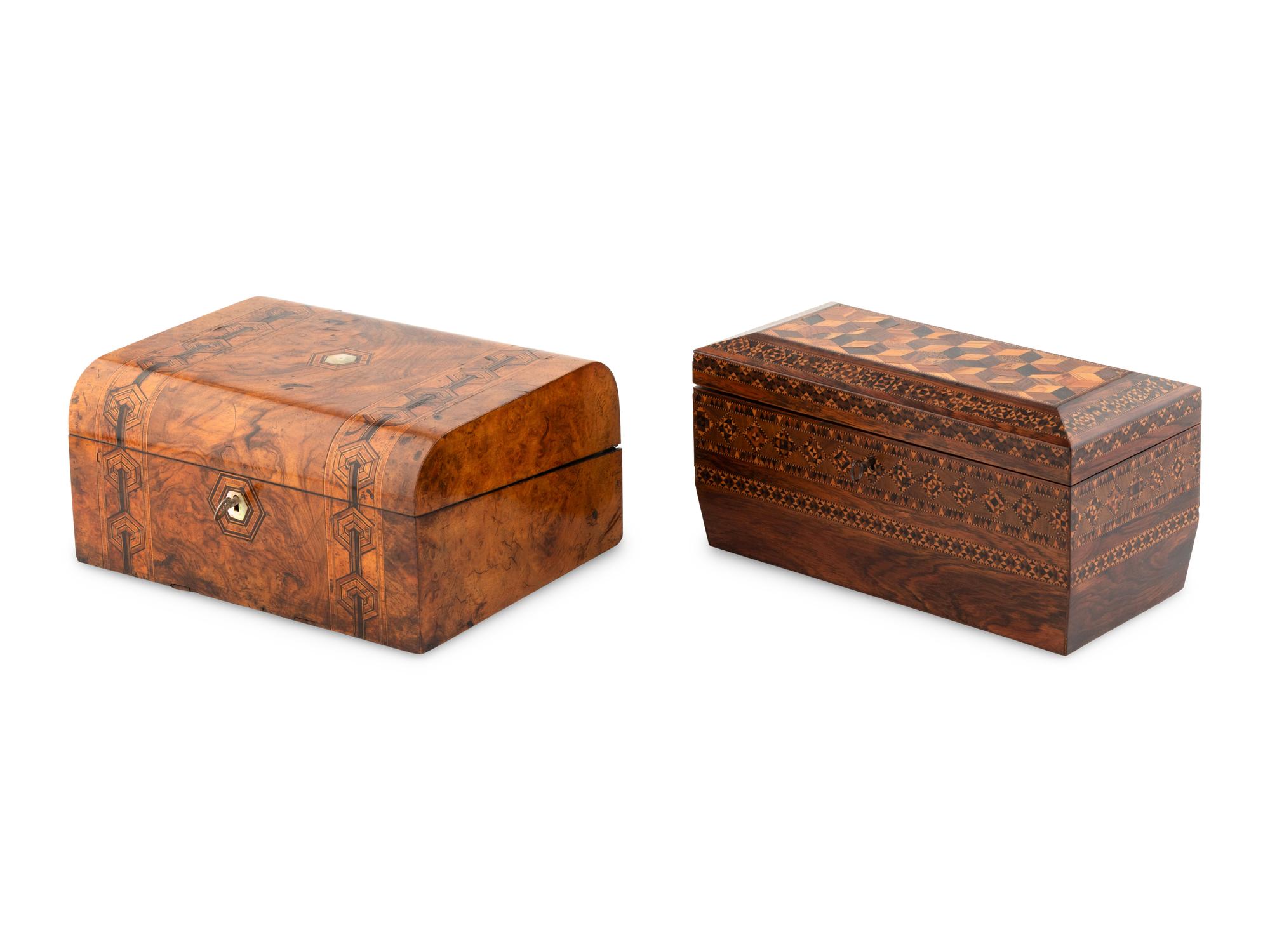 A Large Tunbridge Marquetry Tea Caddy and a Victorian Walnut and Marquetry Table Casket