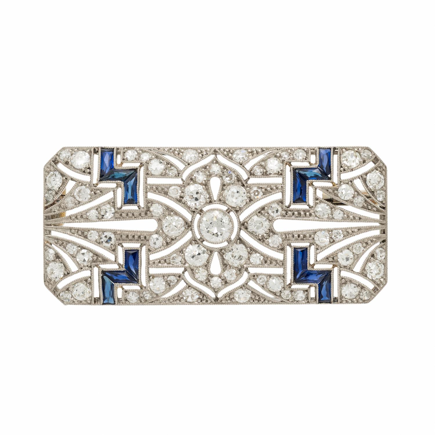ART DECO, DIAMOND, SYNTHETIC SAPPHIRE, AND PLATINUM BROOCH