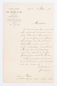 (FRANCE, SUEZ CANAL) DE LESSEPS, FERDINAND. Autographed letter signed, one page, Paris, May 6, 1885, to Monsieur Lebeque. In French.
