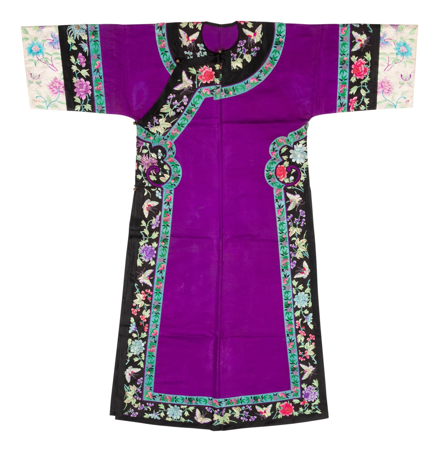 A Purple Ground Embroidered Silk Manchu Lady's Informal Robe