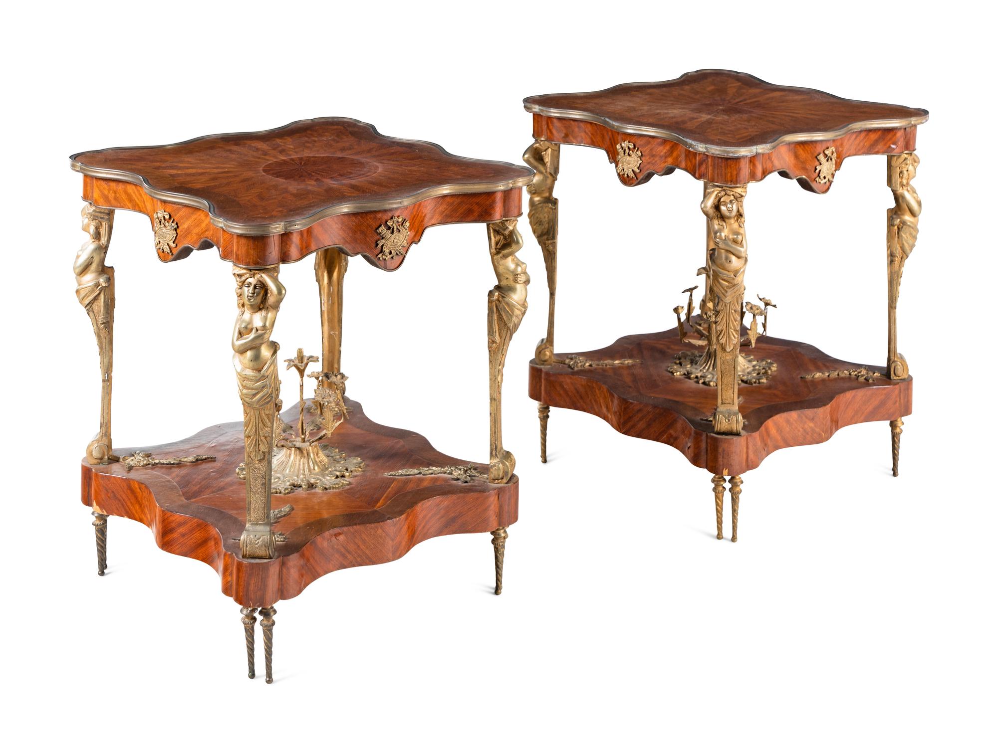 A Pair of Louis XVI Style Gilt Bronze Mounted Tulipwood Side Tables