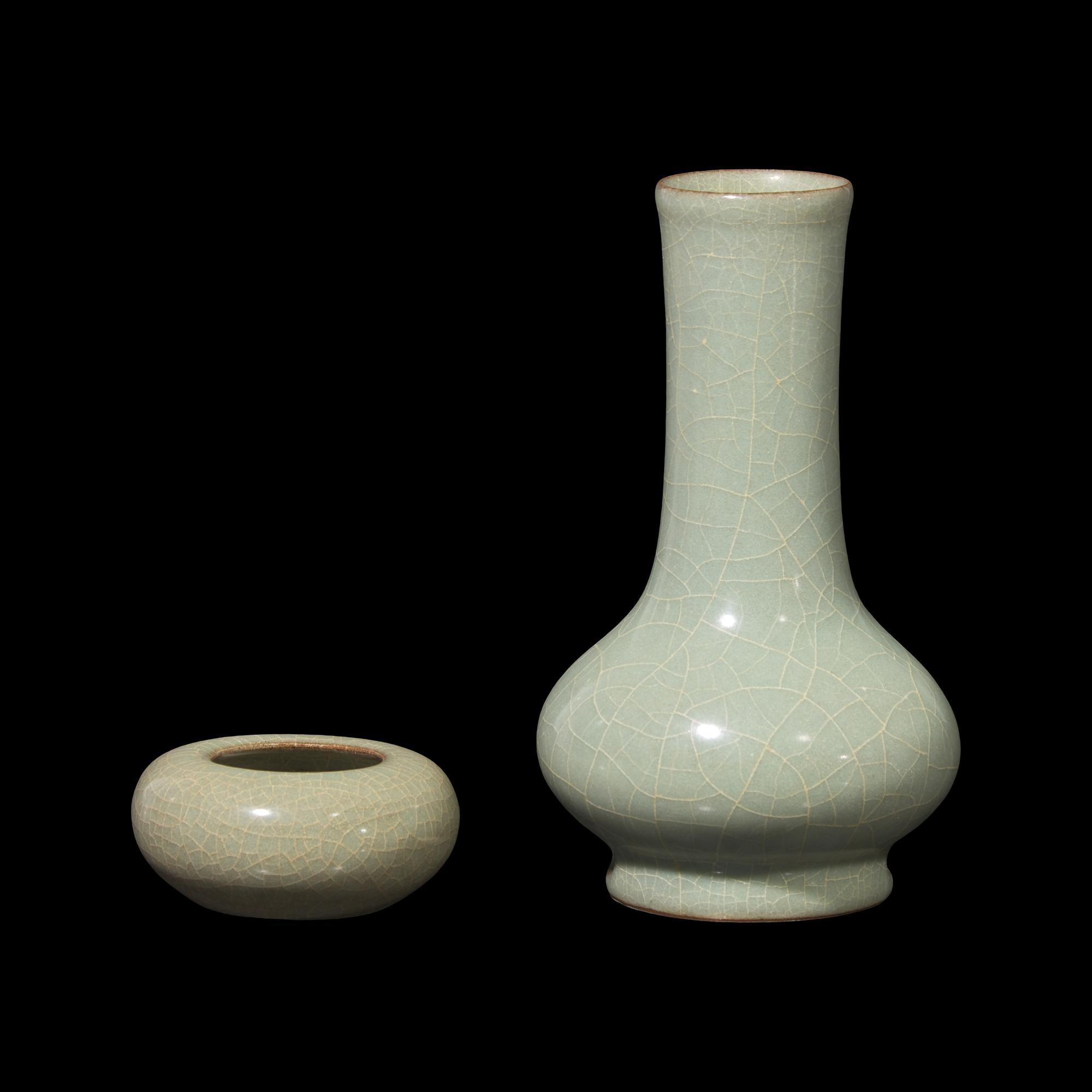 A Chinese Longquan Guan Type Celadon Vase and a Bird Feeder 龍泉青釉穿帶瓶及鳥食罐