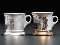 Two Porcelain Shaving Mugs with Automobiles