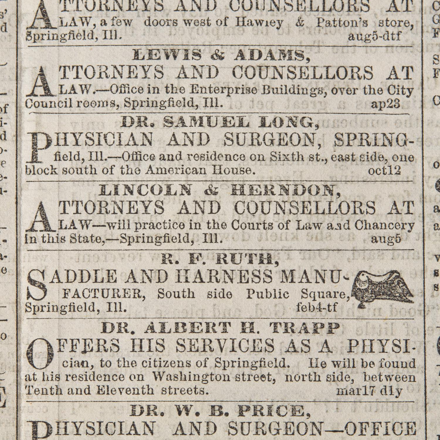 [Lincoln, Abraham] Front-Page Ad for Lincoln & Herndon's Law Practice, July 14, 1858