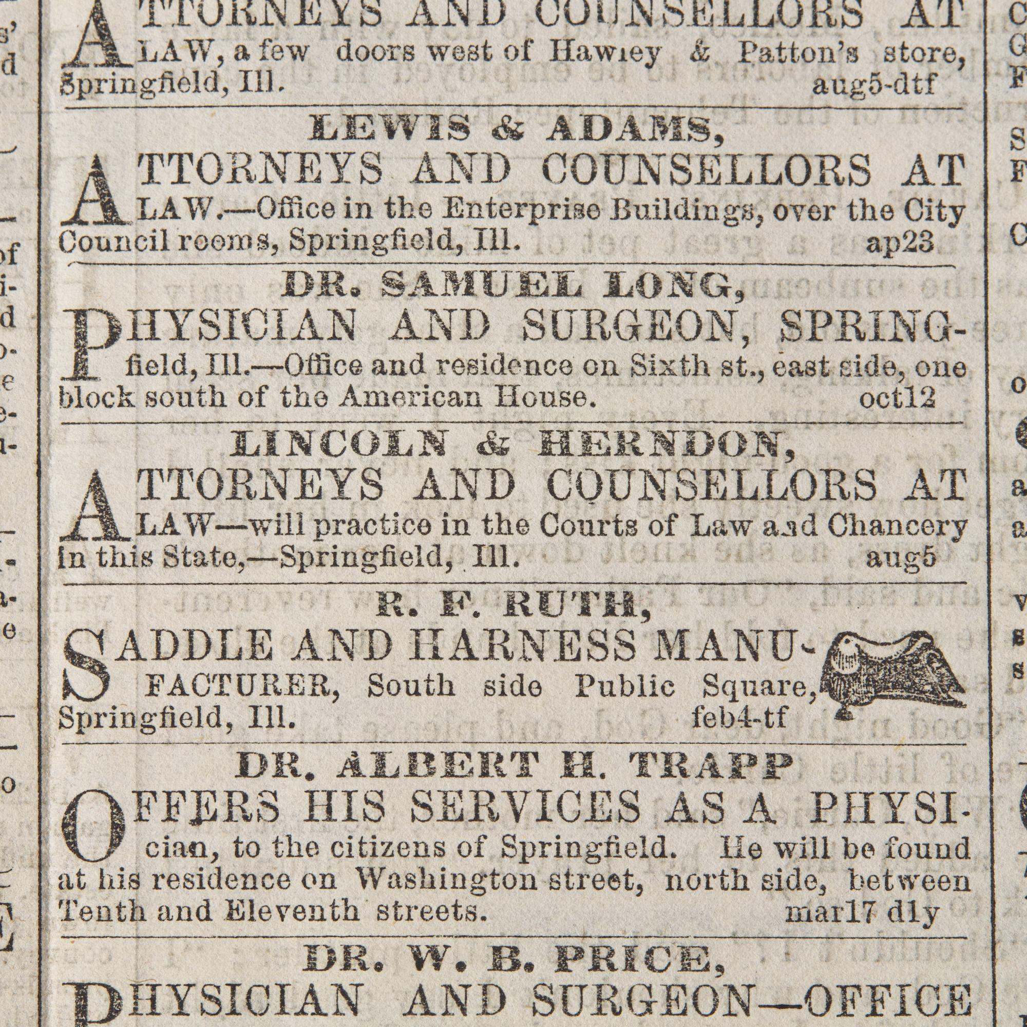 [Lincoln, Abraham] Front-Page Ad for Lincoln & Herndon's Law Practice, July 14, 1858