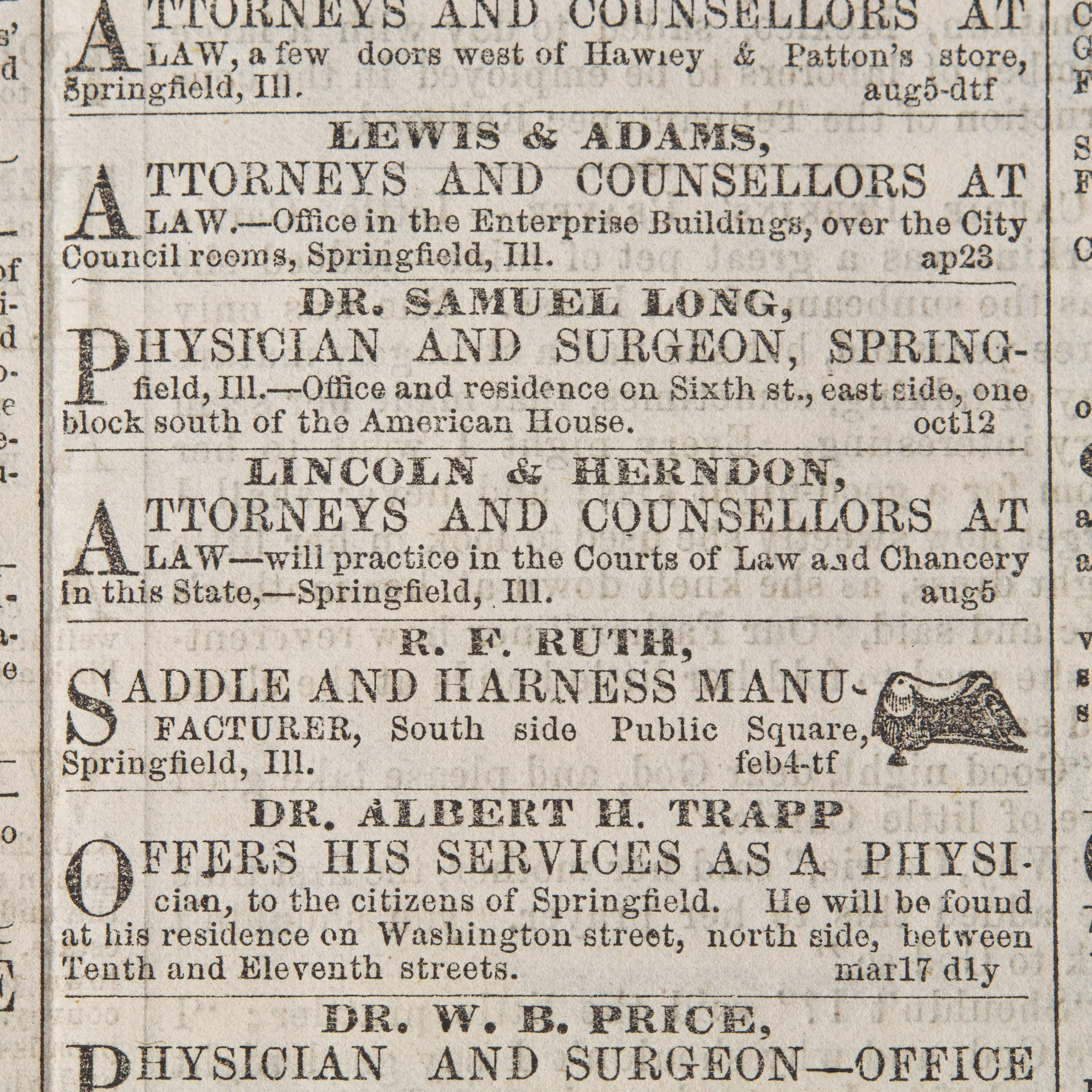 [Lincoln, Abraham] Front-Page Ad for Lincoln & Herndon's Law Practice, July 14, 1858
