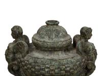 A Pair of Verdigris Patinated Terracotta Urns on Faux Marble Painted Pedestals