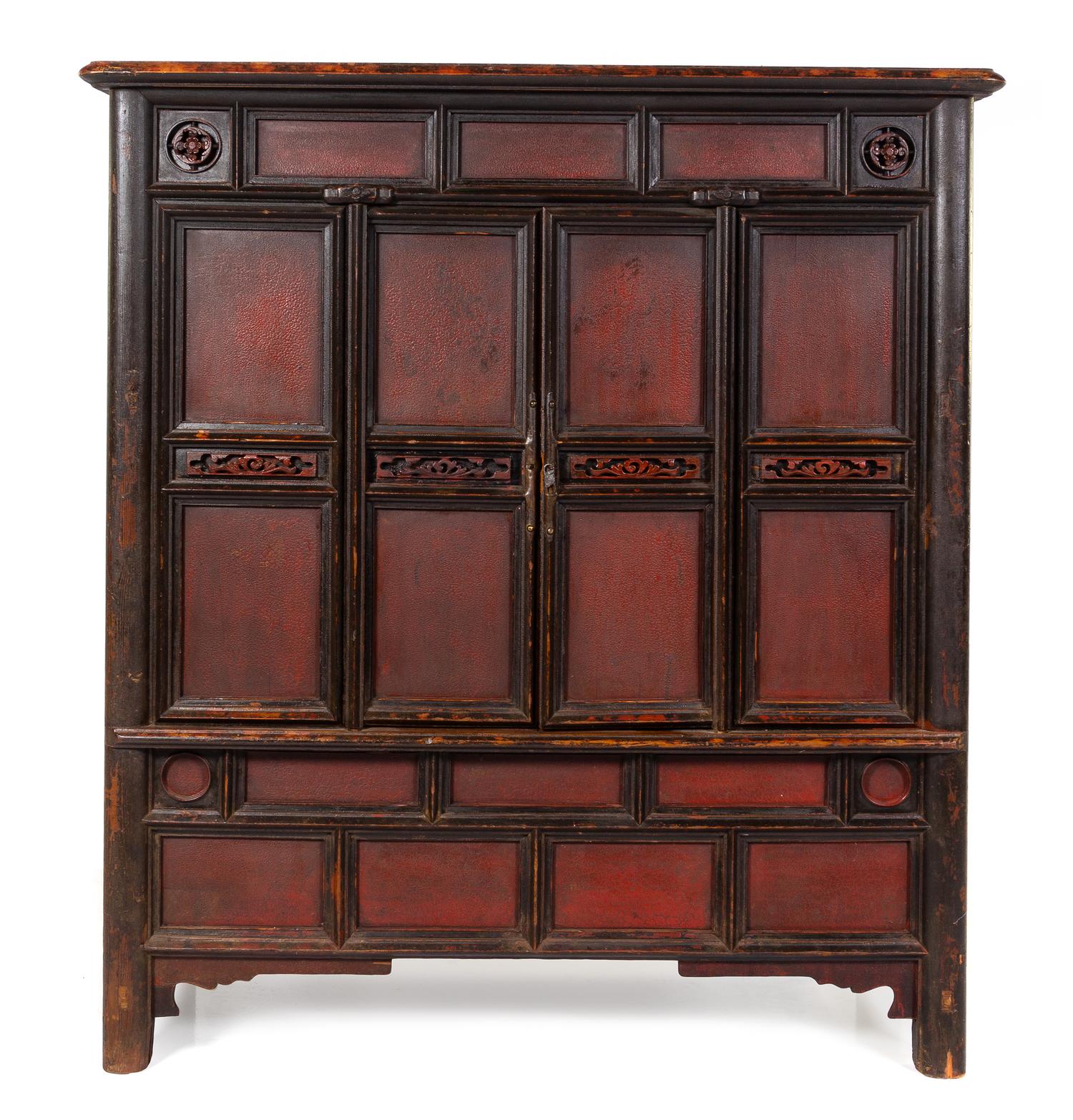 A Chinese Red Lacquered Elmwood Cabinet Height 69 x width 59 x depth 24 1/2 inches. — LATE 19TH/20TH CENTURY