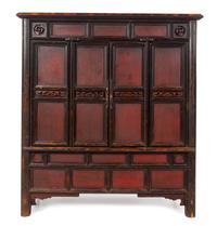 A Chinese Red Lacquered Elmwood Cabinet Height 69 x width 59 x depth 24 1/2 inches. — LATE 19TH/20TH CENTURY