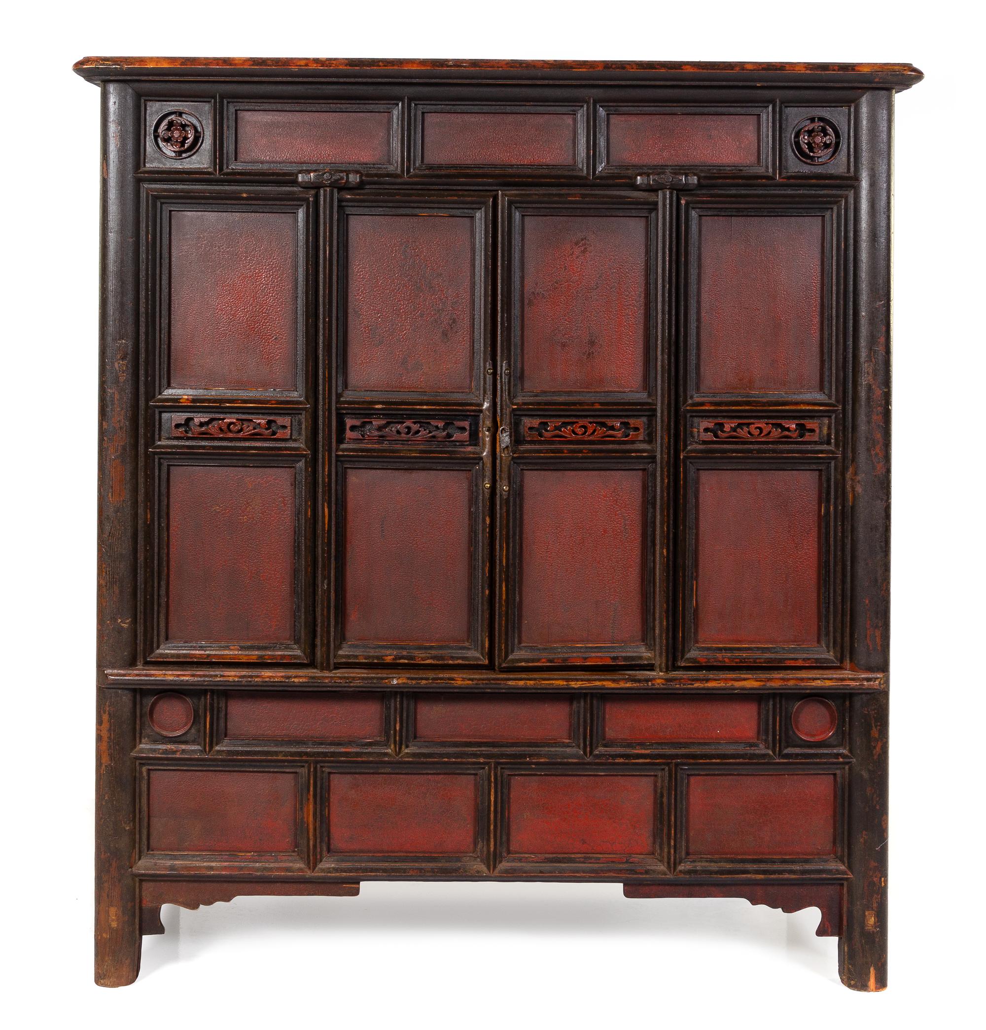 A Chinese Red Lacquered Elmwood Cabinet Height 69 x width 59 x depth 24 1/2 inches. — LATE 19TH/20TH CENTURY