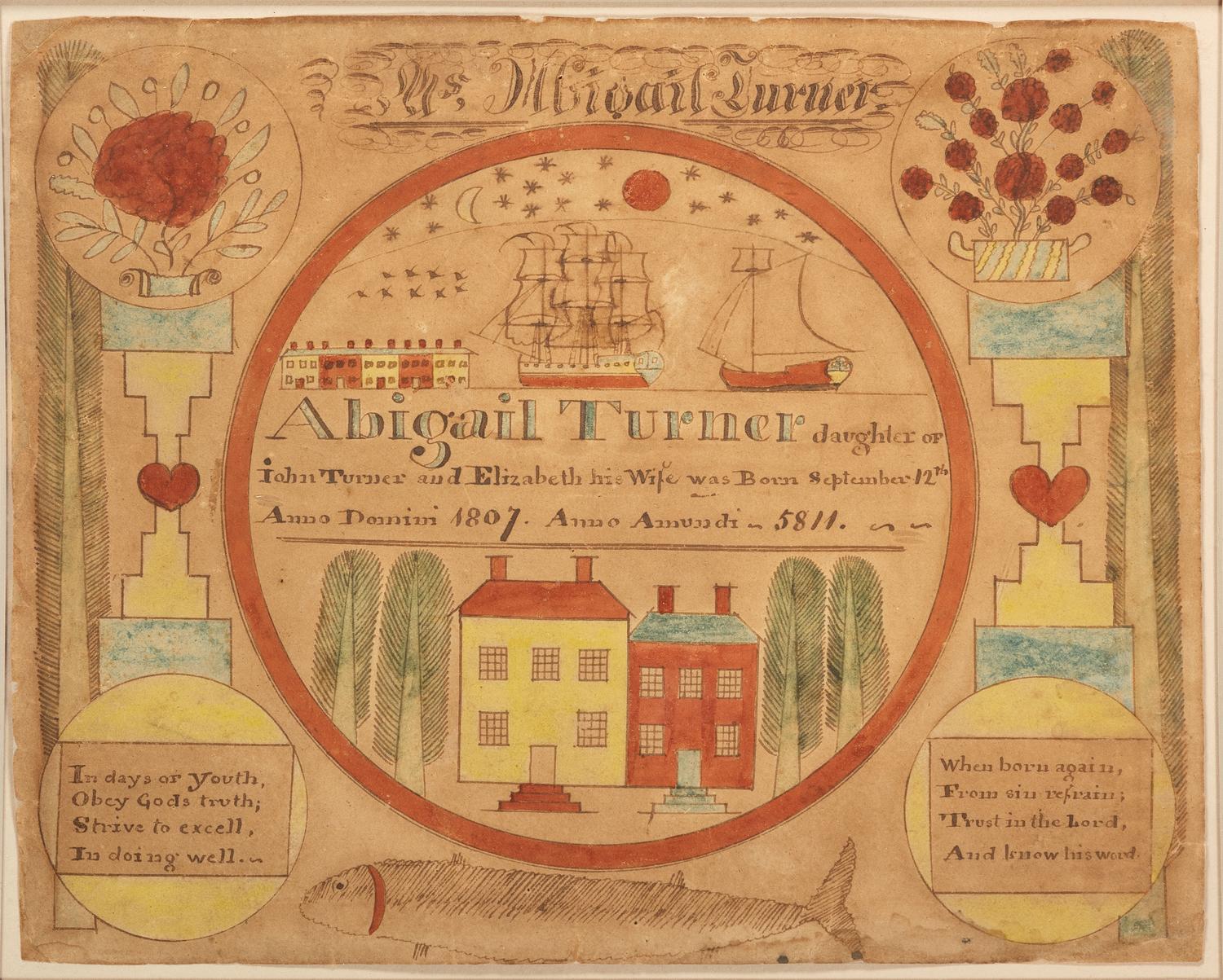 A Birth Record Watercolor Fraktur Identified to Abigail Turner (1807-1876), Possibly by E. Firth