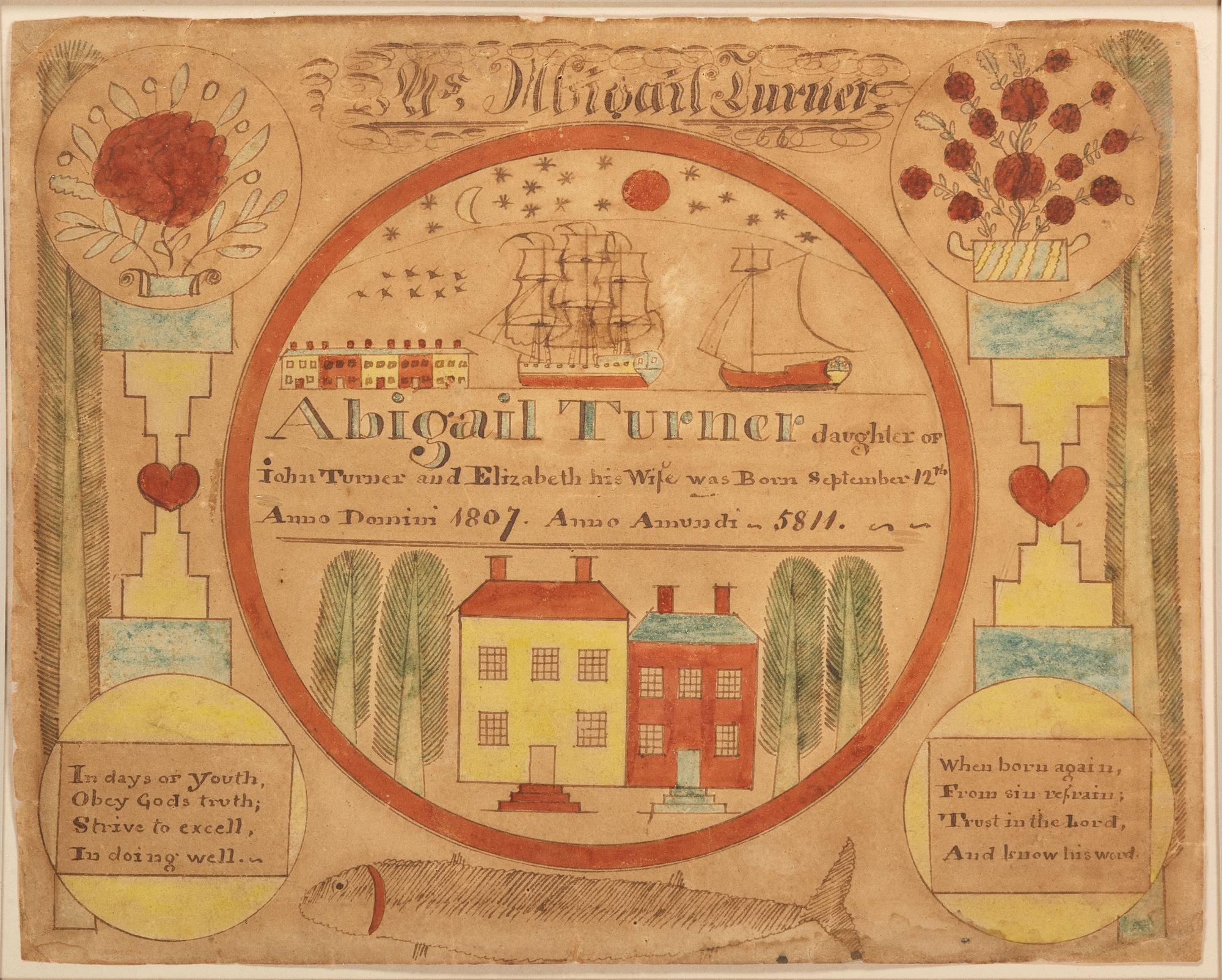 A Birth Record Watercolor Fraktur Identified to Abigail Turner (1807-1876), Possibly by E. Firth