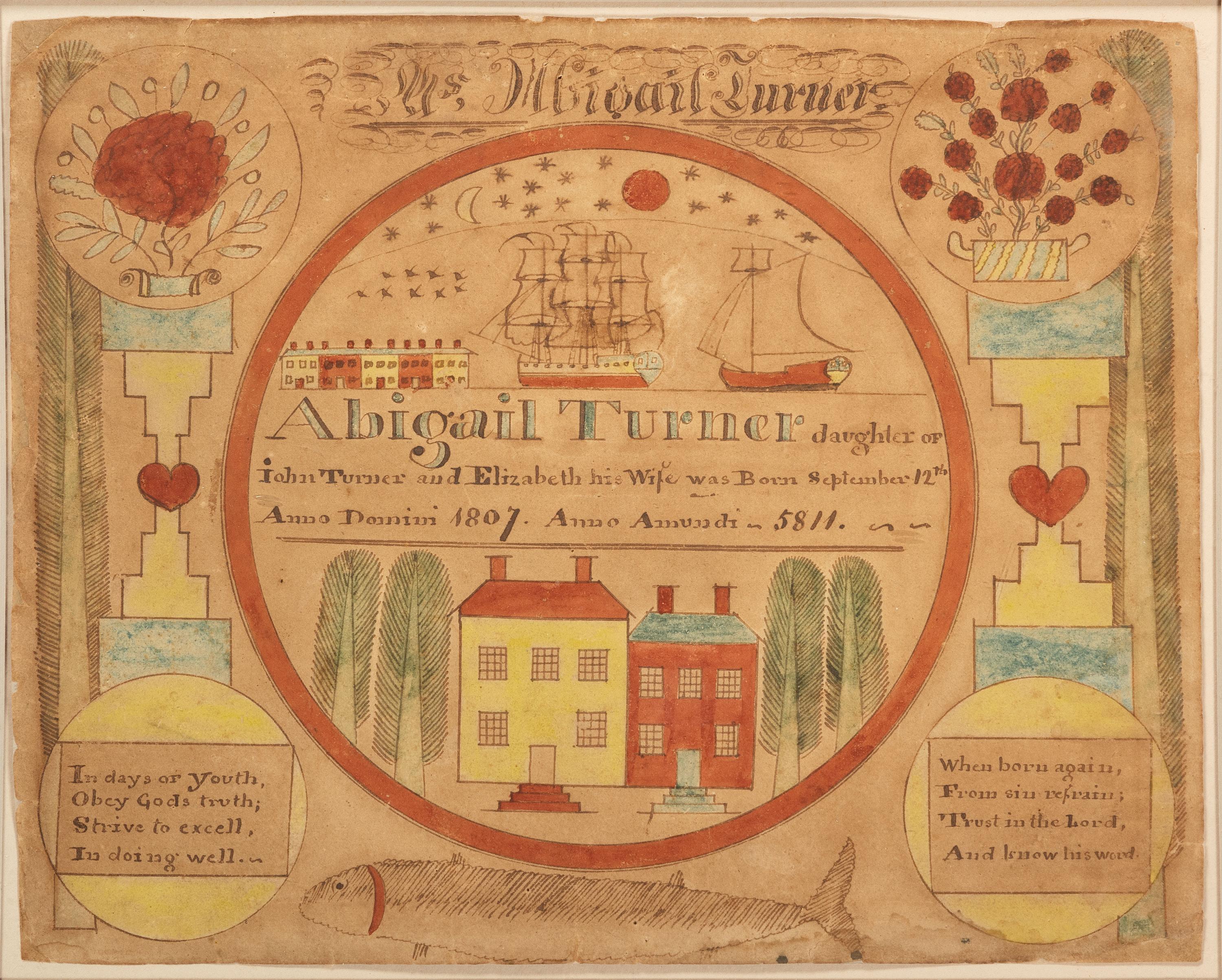 A Birth Record Watercolor Fraktur Identified to Abigail Turner (1807-1876), Possibly by E. Firth