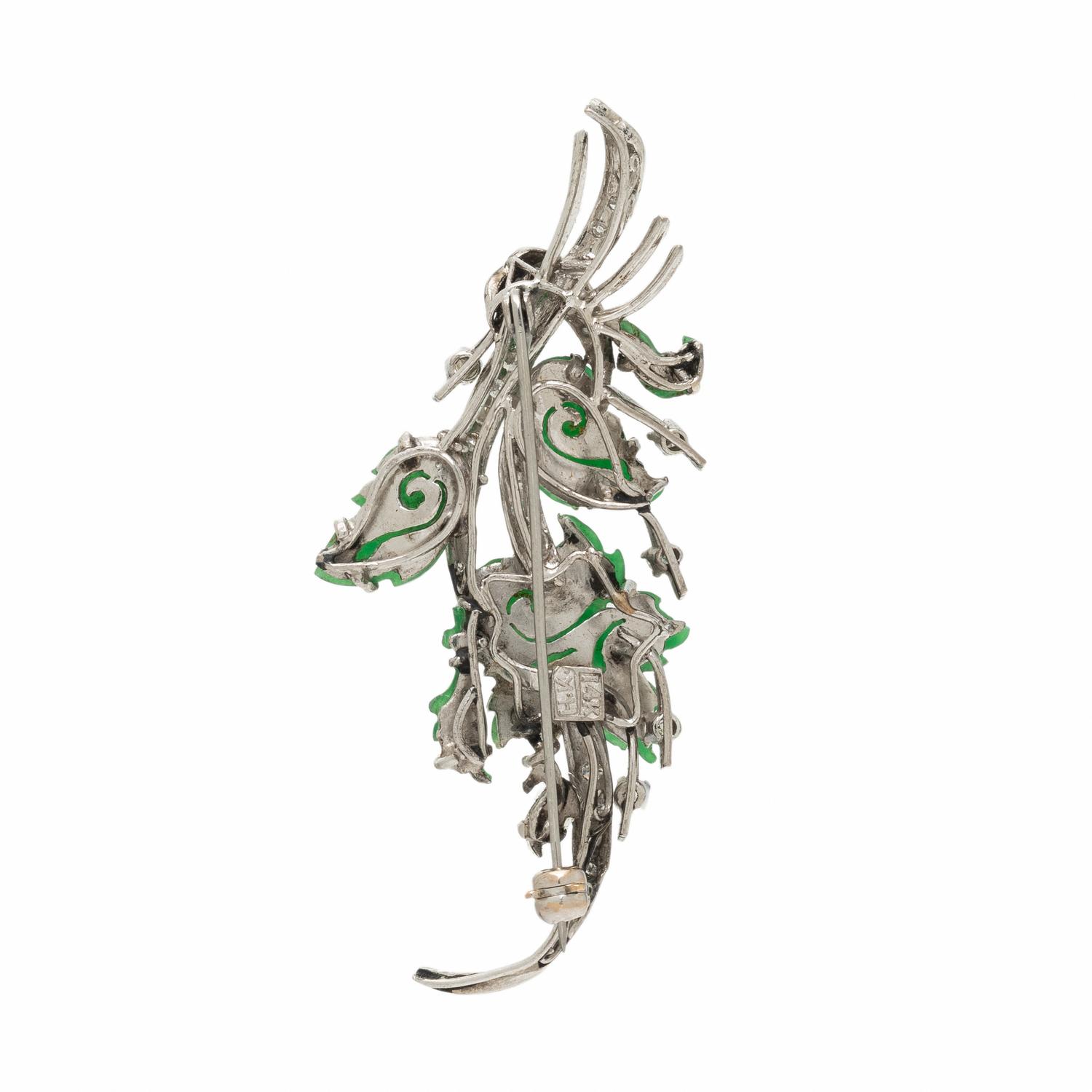 JADE, DIAMOND, AND WHITE GOLD FOLIATE BROOCH
