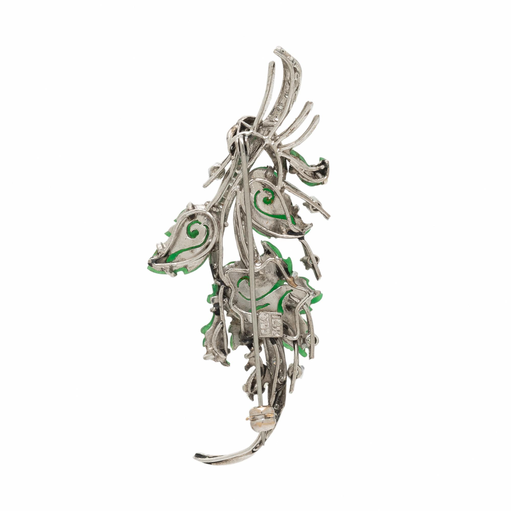 JADE, DIAMOND, AND WHITE GOLD FOLIATE BROOCH