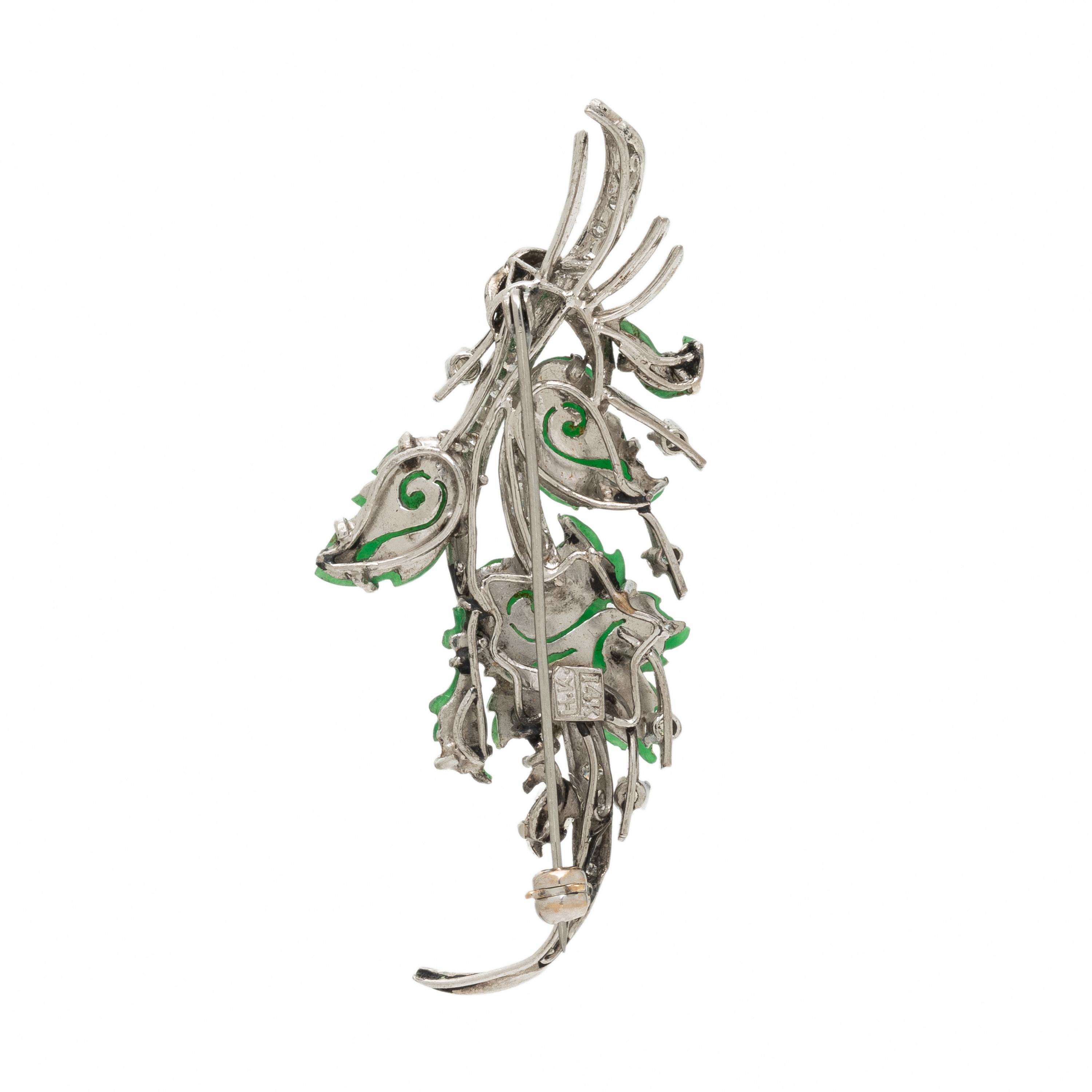JADE, DIAMOND, AND WHITE GOLD FOLIATE BROOCH