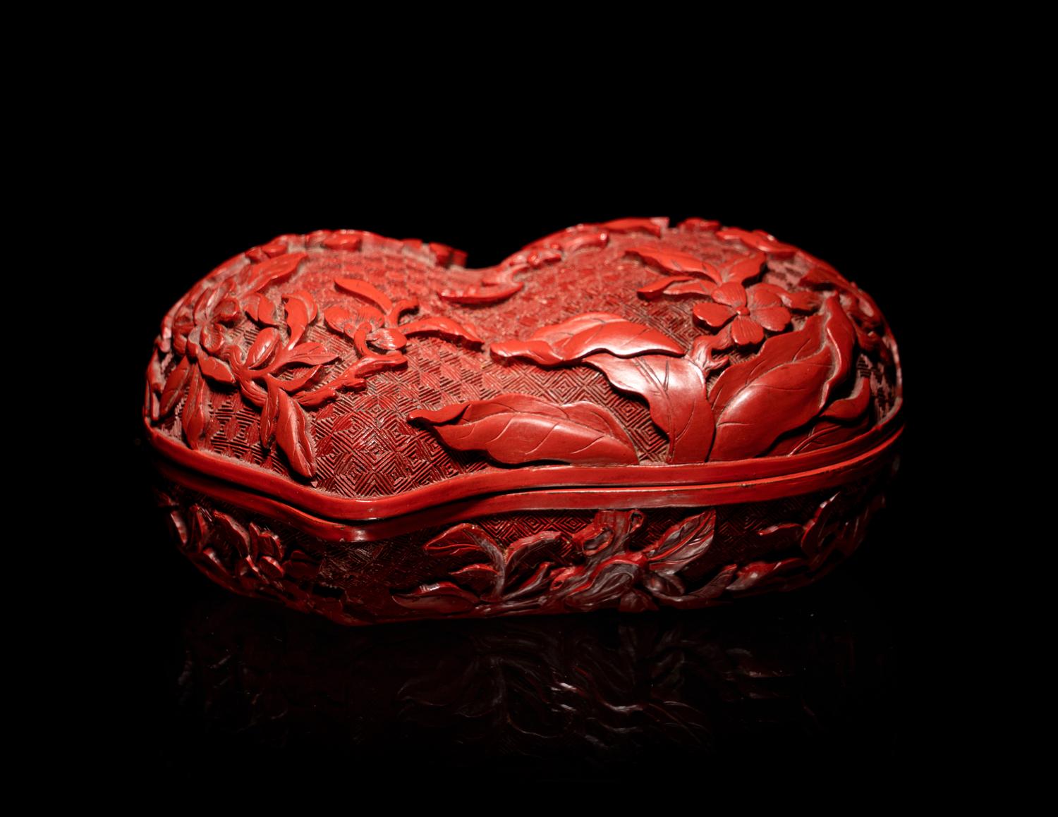 A Chinese Cinnabar Lacquer Double-Peach Form Box and Cover