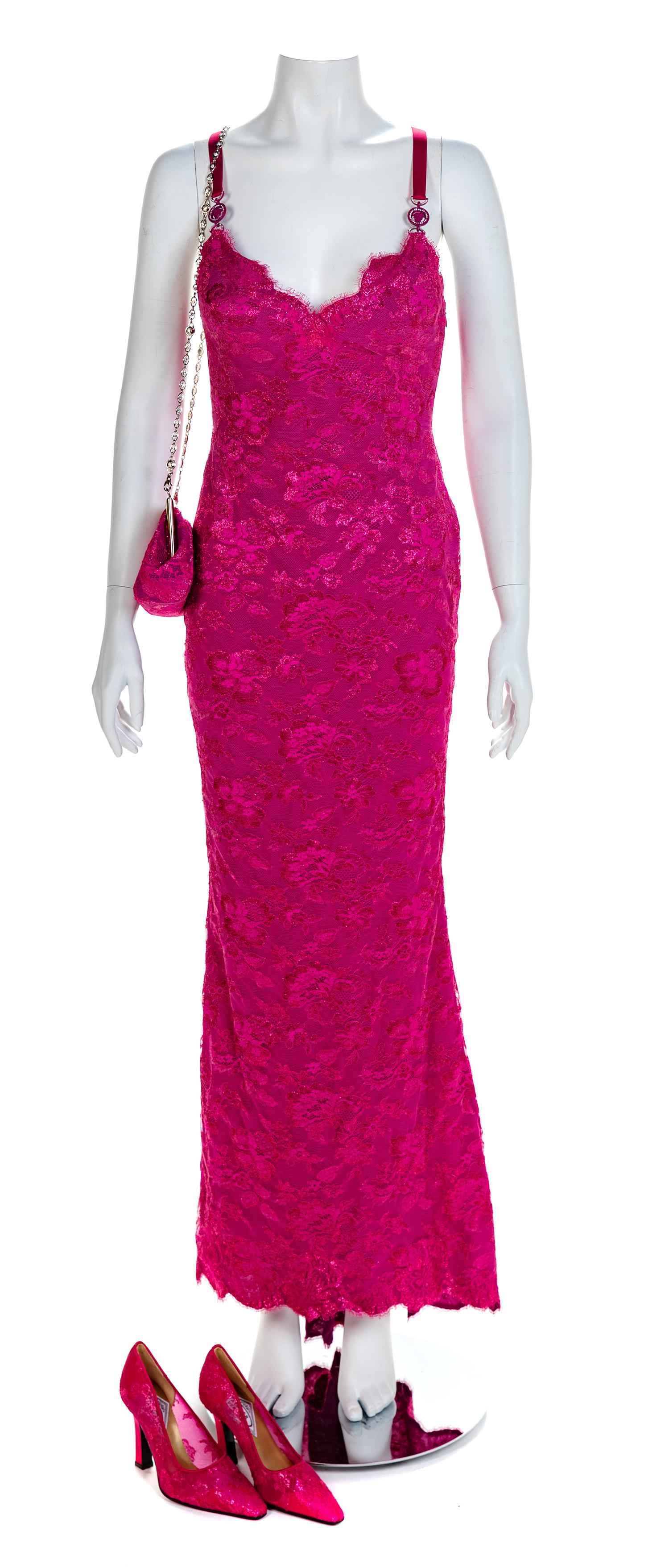 Atelier Versace Purple Lace Dress with matching shoes and bag, S/S 1996 Handbag: 8.25" L x 2.5" W x 4.75" H; shoes: 37.5.