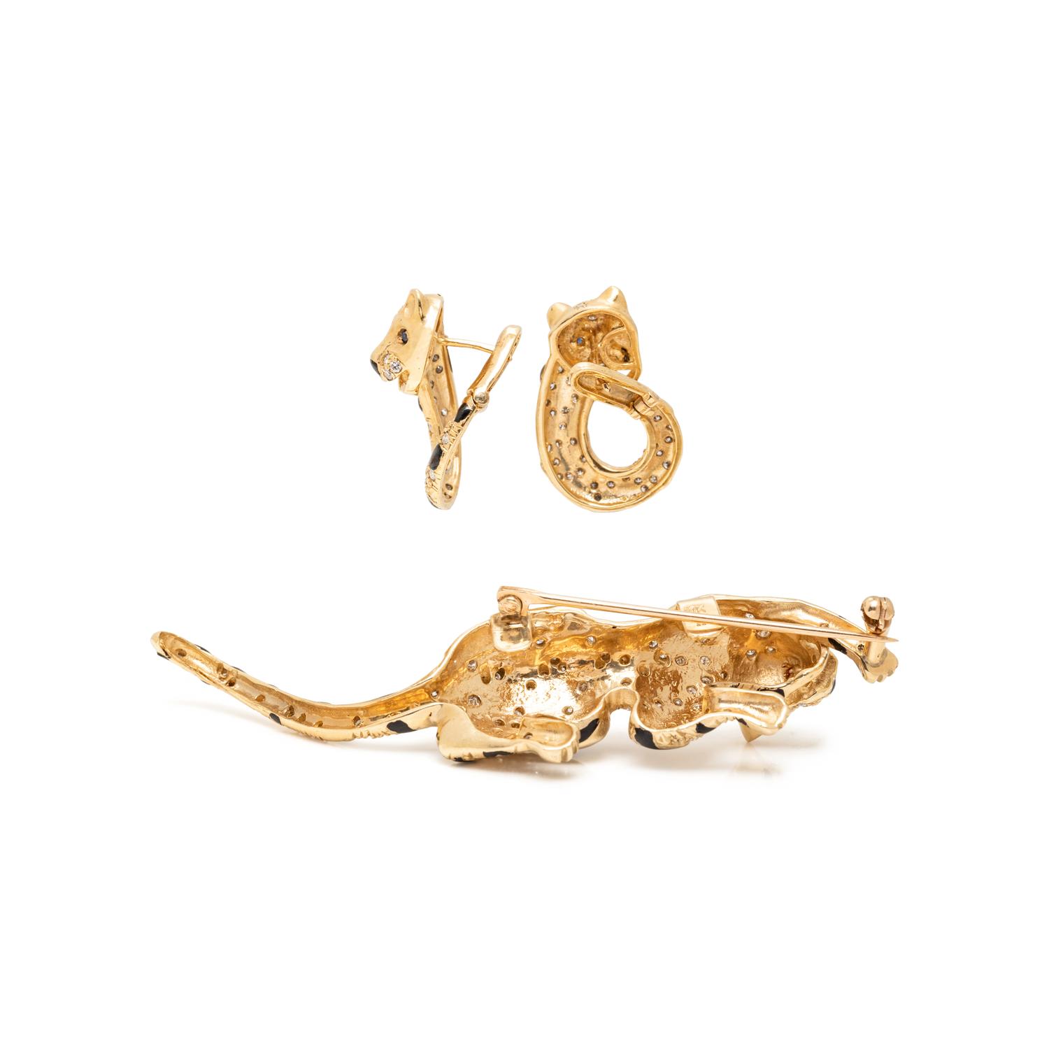 COLLECTION OF YELLOW GOLD AND DIAMOND BIG CAT JEWELRY