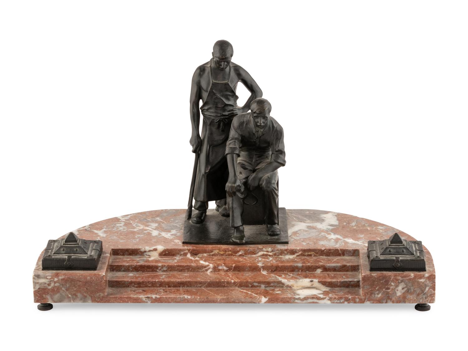 A Carl Brose Bronze and Marble Inkwell