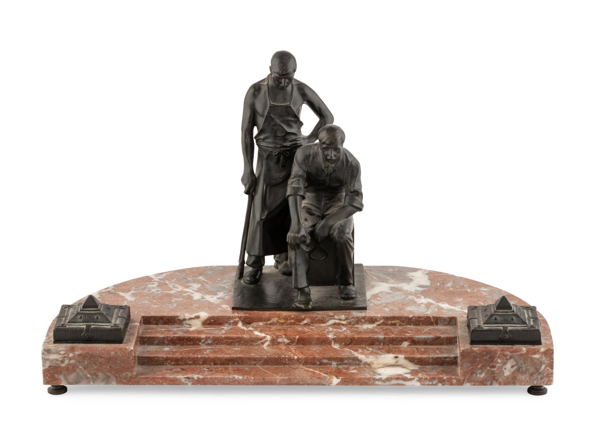 A Carl Brose Bronze and Marble Inkwell