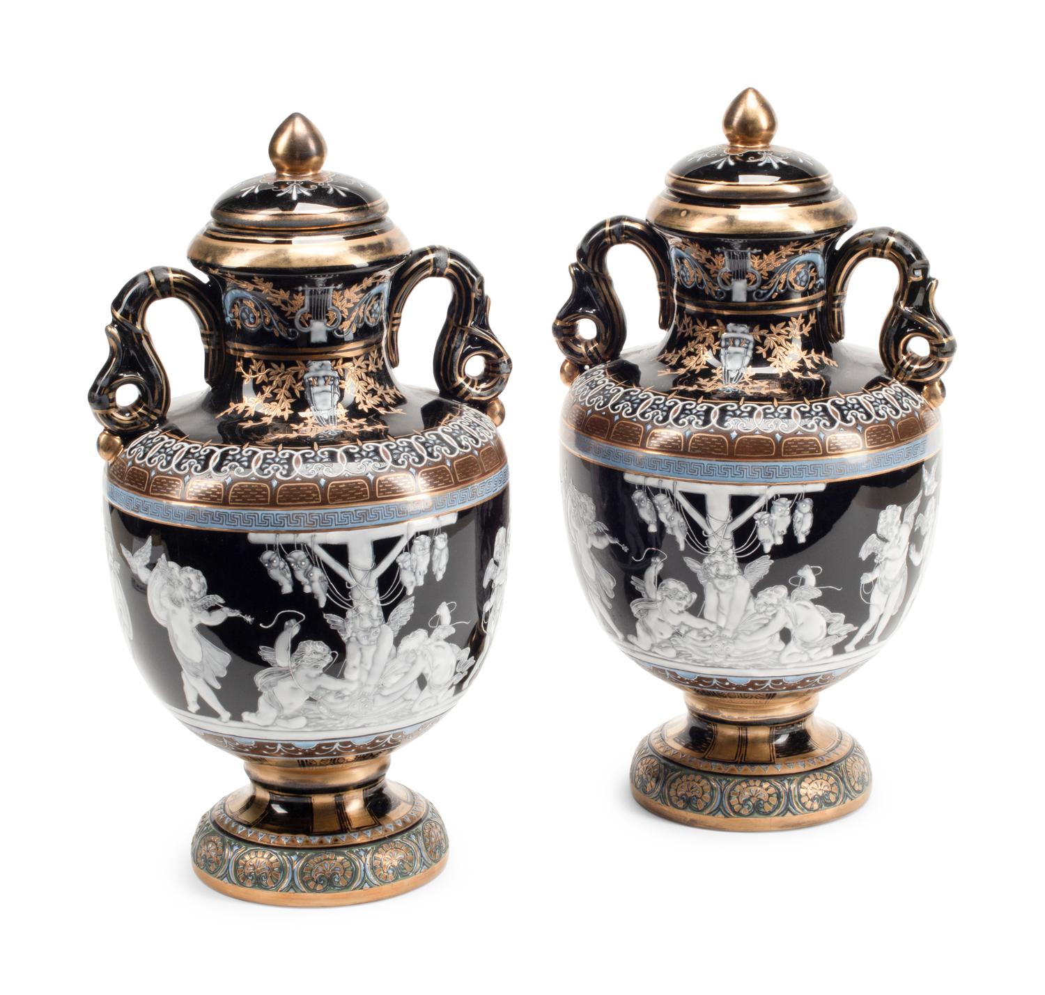 A Pair of Minton Style Porcelain Covered Vases