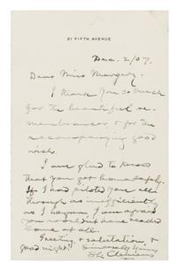 CLEMENS, Samuel ("Mark Twain"). Autographed letter signed ("S.L. Clemens"), to Margery [H. Clinton], New York, 2 December 1907.