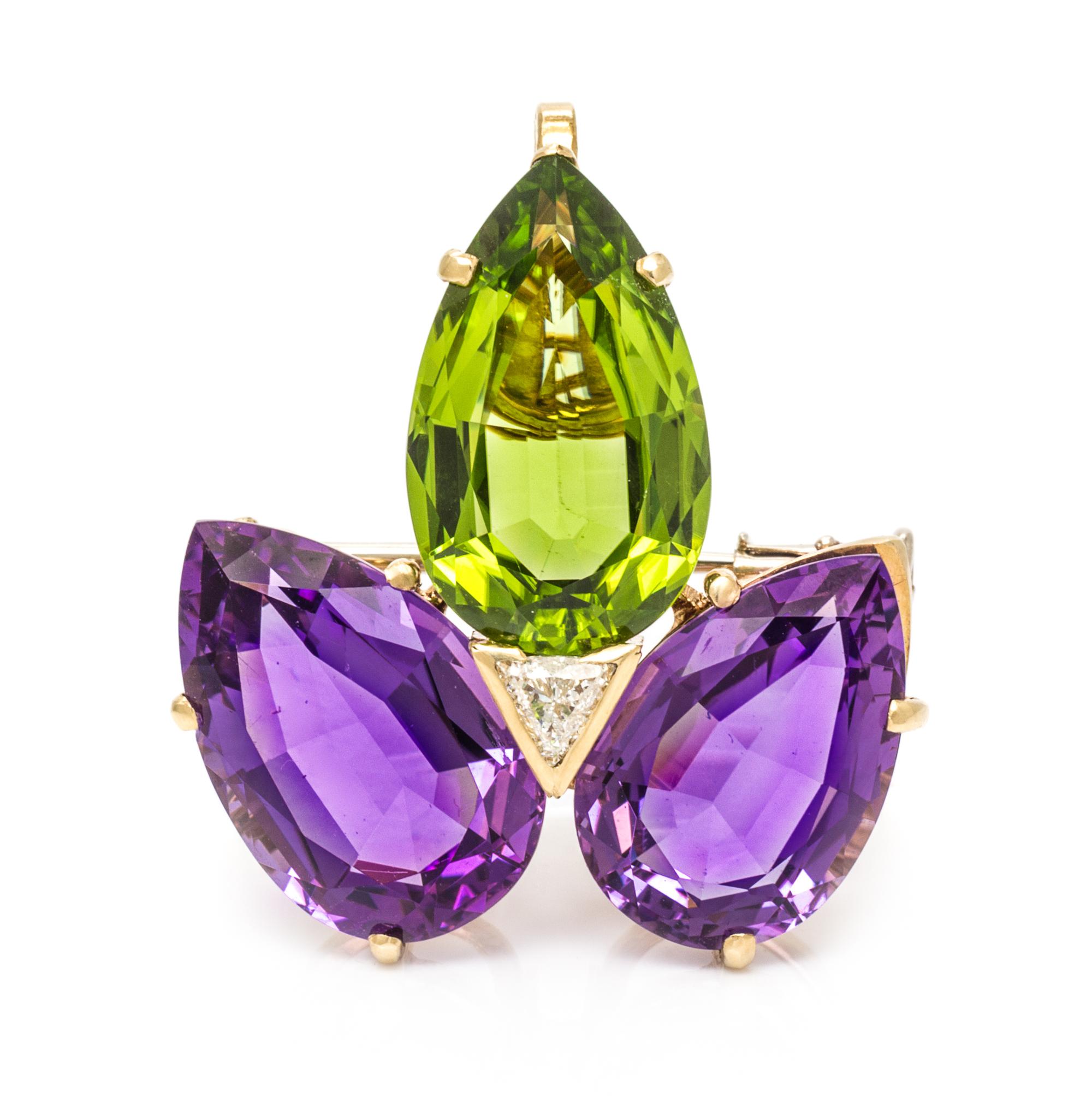 An 18 Karat Yellow Gold, Amethyst, Peridot and Diamond Pendant/Brooch, 6.40 dwts.