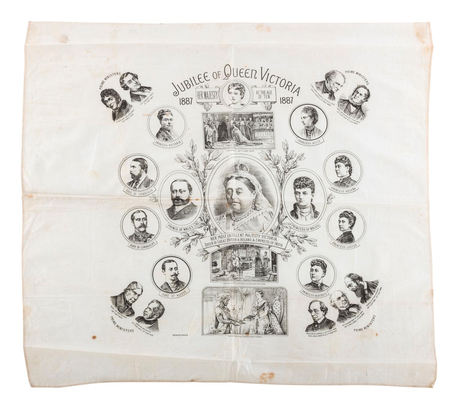 [ROYALTY]. Poster and textiles celebrating Queen Victoria and her son, Edward VII, comprising: