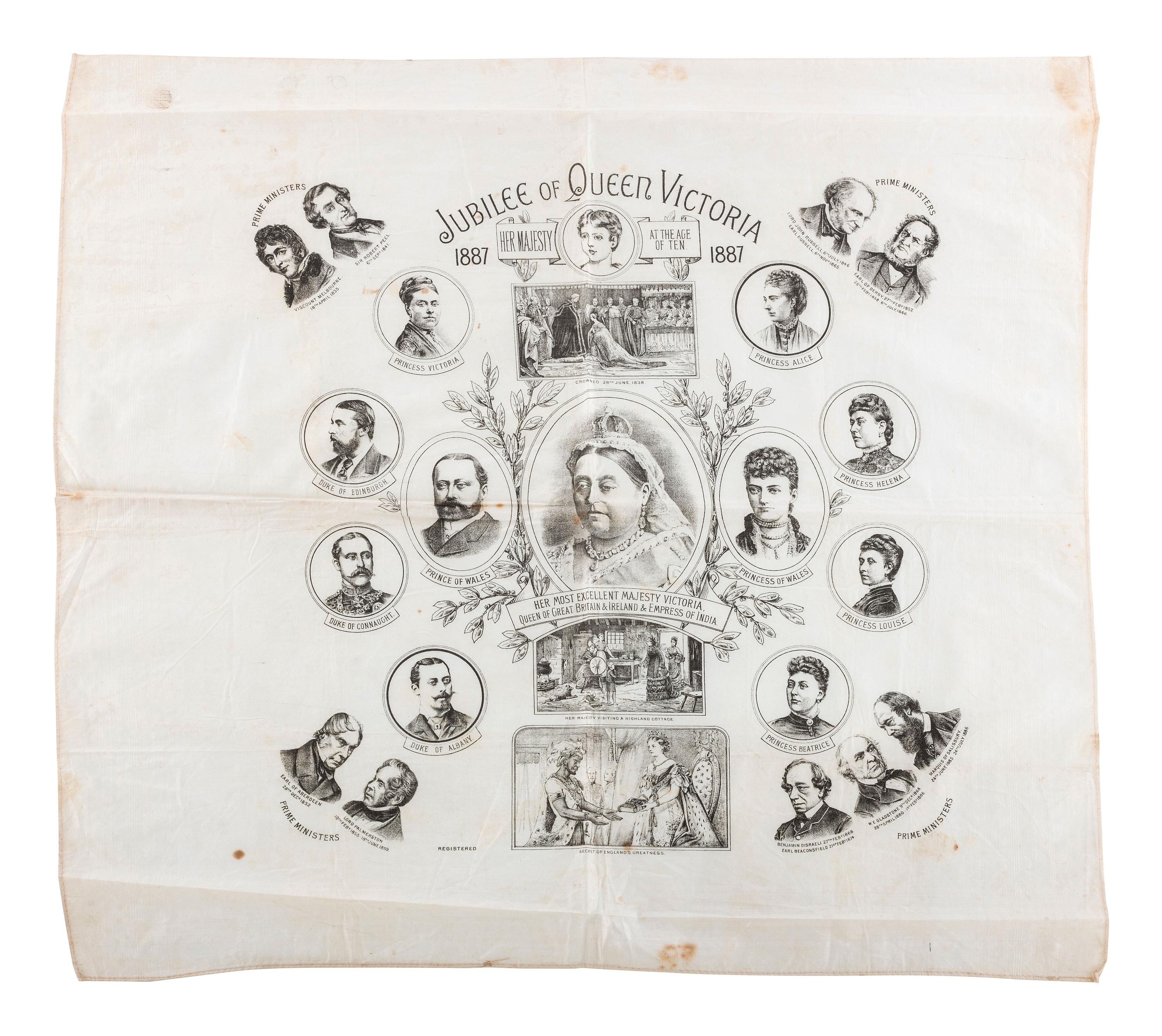 [ROYALTY]. Poster and textiles celebrating Queen Victoria and her son, Edward VII, comprising: