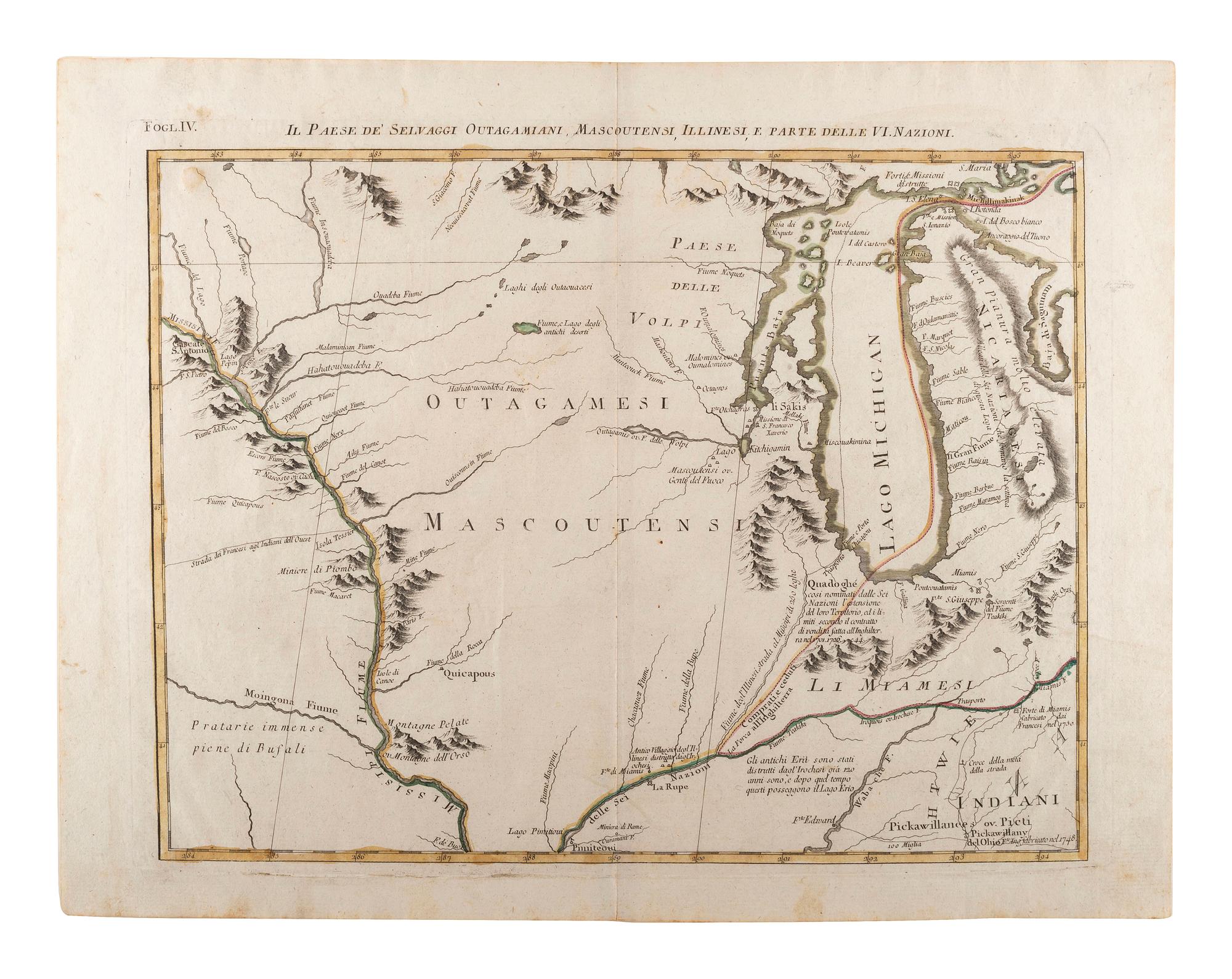 [MAPS & ATLASES]. ZATTA, Antonio (fl. 1757-1797). Il Paese de' Selvaggi Outagamiani, Mascoutensi, Illinesi, e Parte Delle VI. Nazioni. [Venice, 1778].