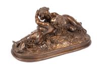 A Continental Patinated Bronze Figural Group Width 29 inches.