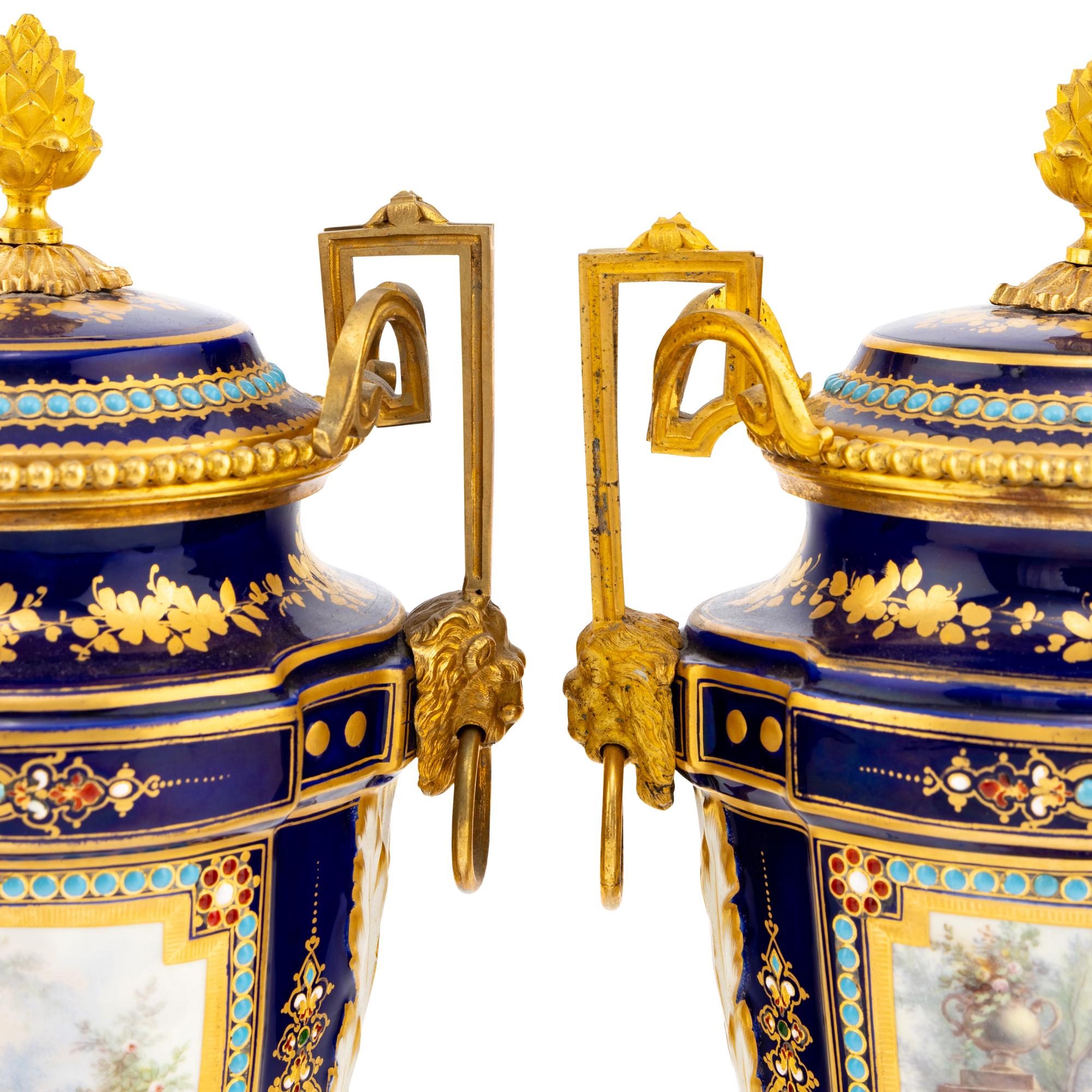 A Pair of Sèvres Style Porcelain, Enameled and Gilt Bronze Mounted Urns