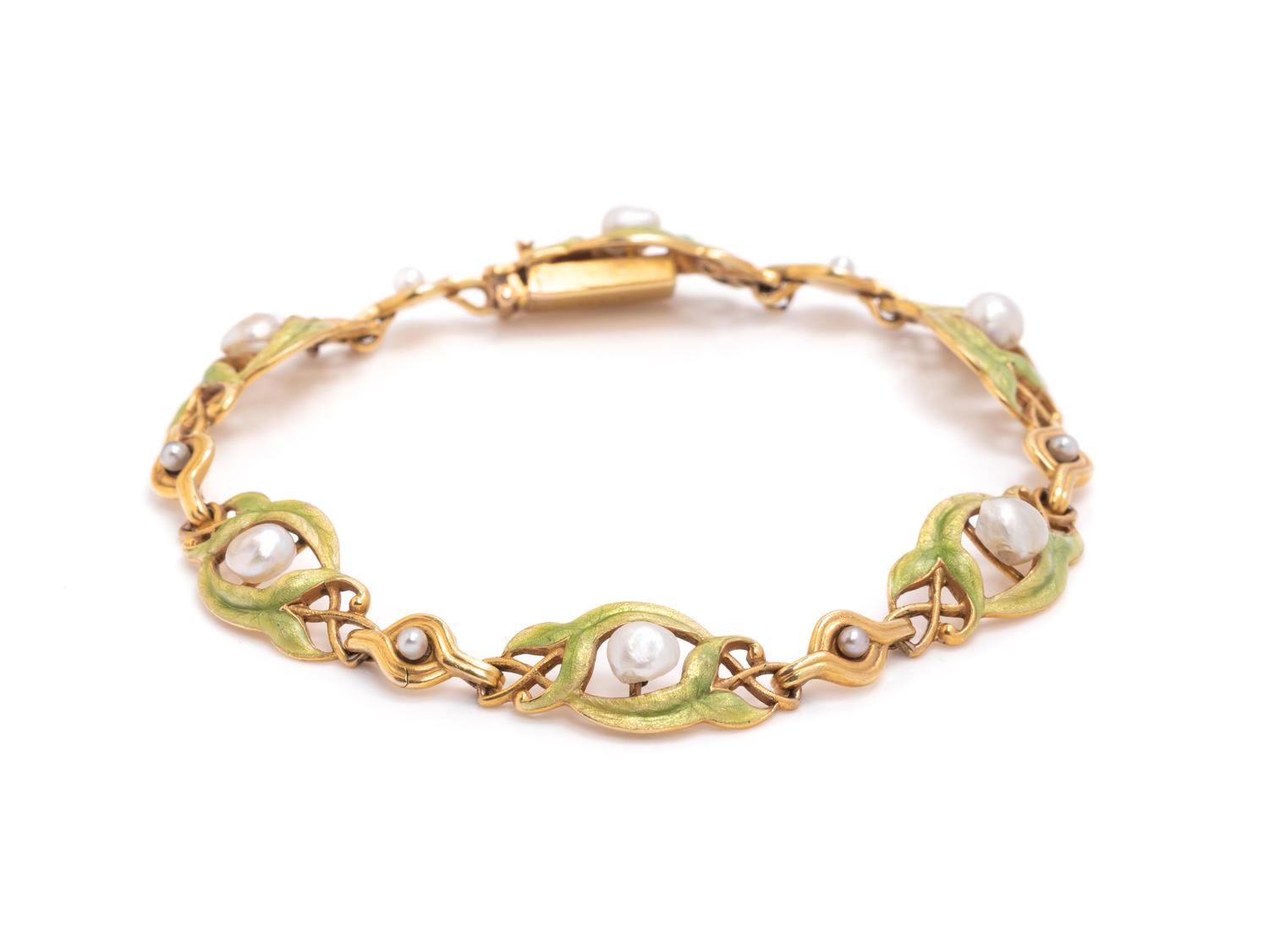 ART NOUVEAU, YELLOW GOLD, PEARL AND ENAMEL BRACELET