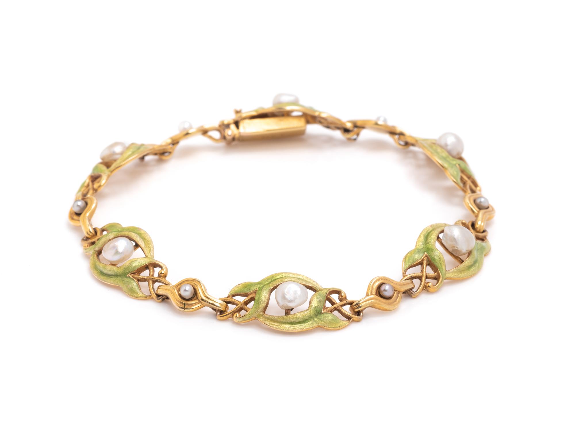 ART NOUVEAU, YELLOW GOLD, PEARL AND ENAMEL BRACELET
