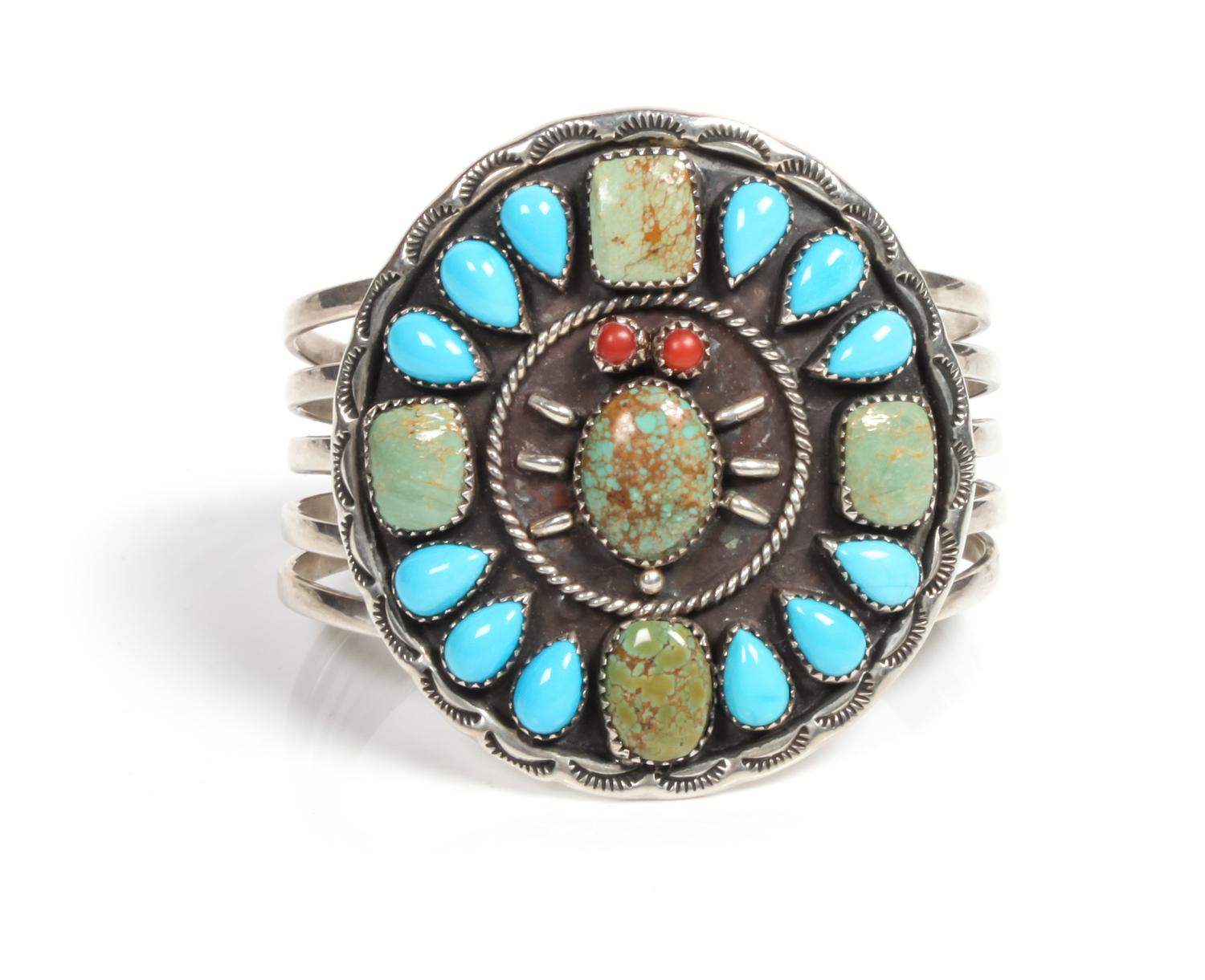 Southwestern Silver and Turquoise Cuff Bracelet Length 5 3/4 x opening 1 1/8 x width 2 3/8 inches