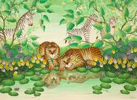Zebras and Tigers Gathering by a Lily Pond