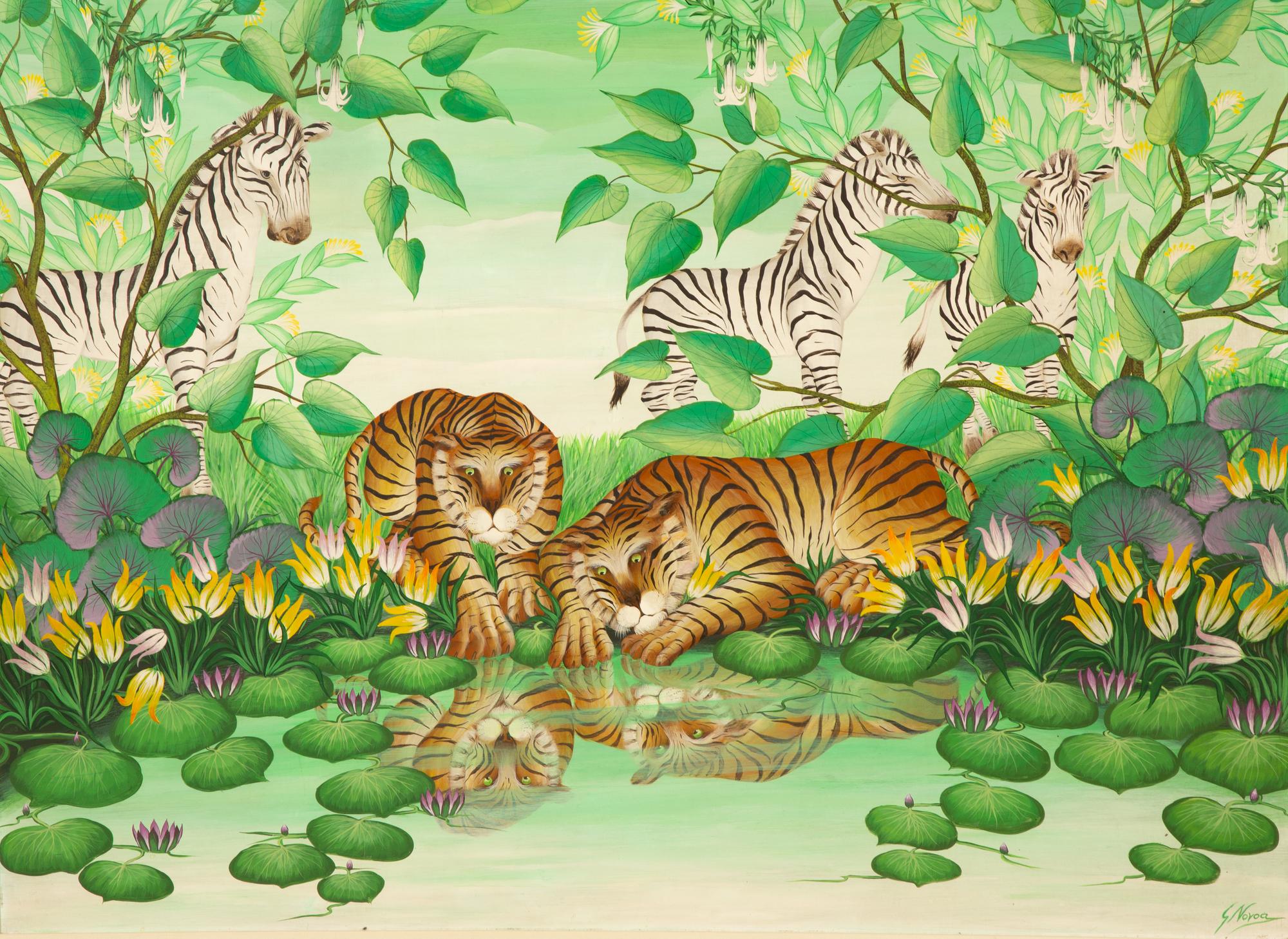 Zebras and Tigers Gathering by a Lily Pond