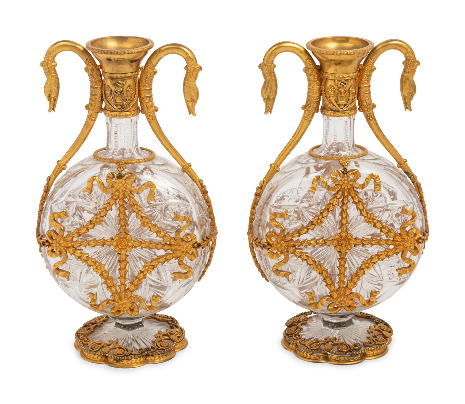 A Pair of French Gilt Bronze Mounted Cut Glass Decanters