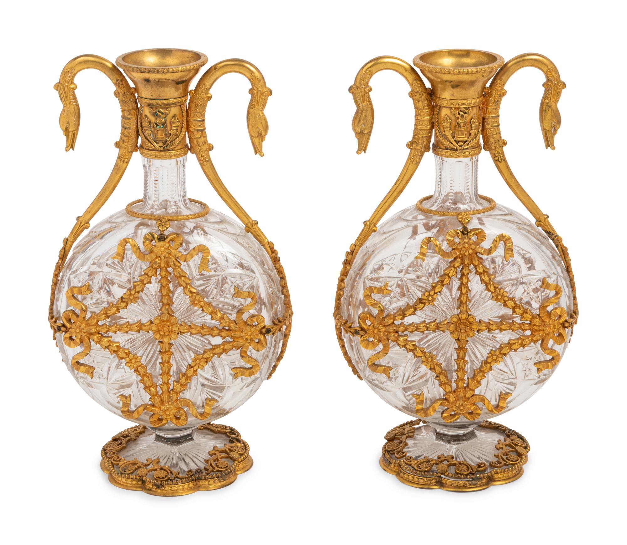 A Pair of French Gilt Bronze Mounted Cut Glass Decanters