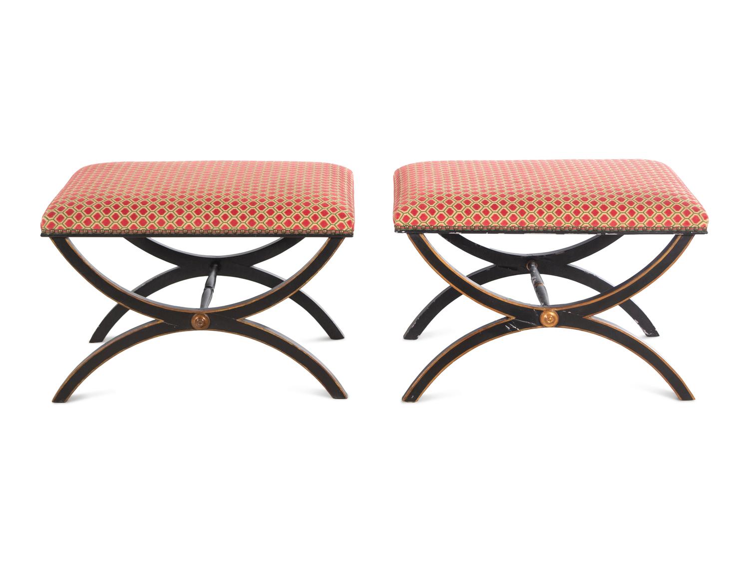 A Pair of Black Painted and Parcel Gilt Curule Benches