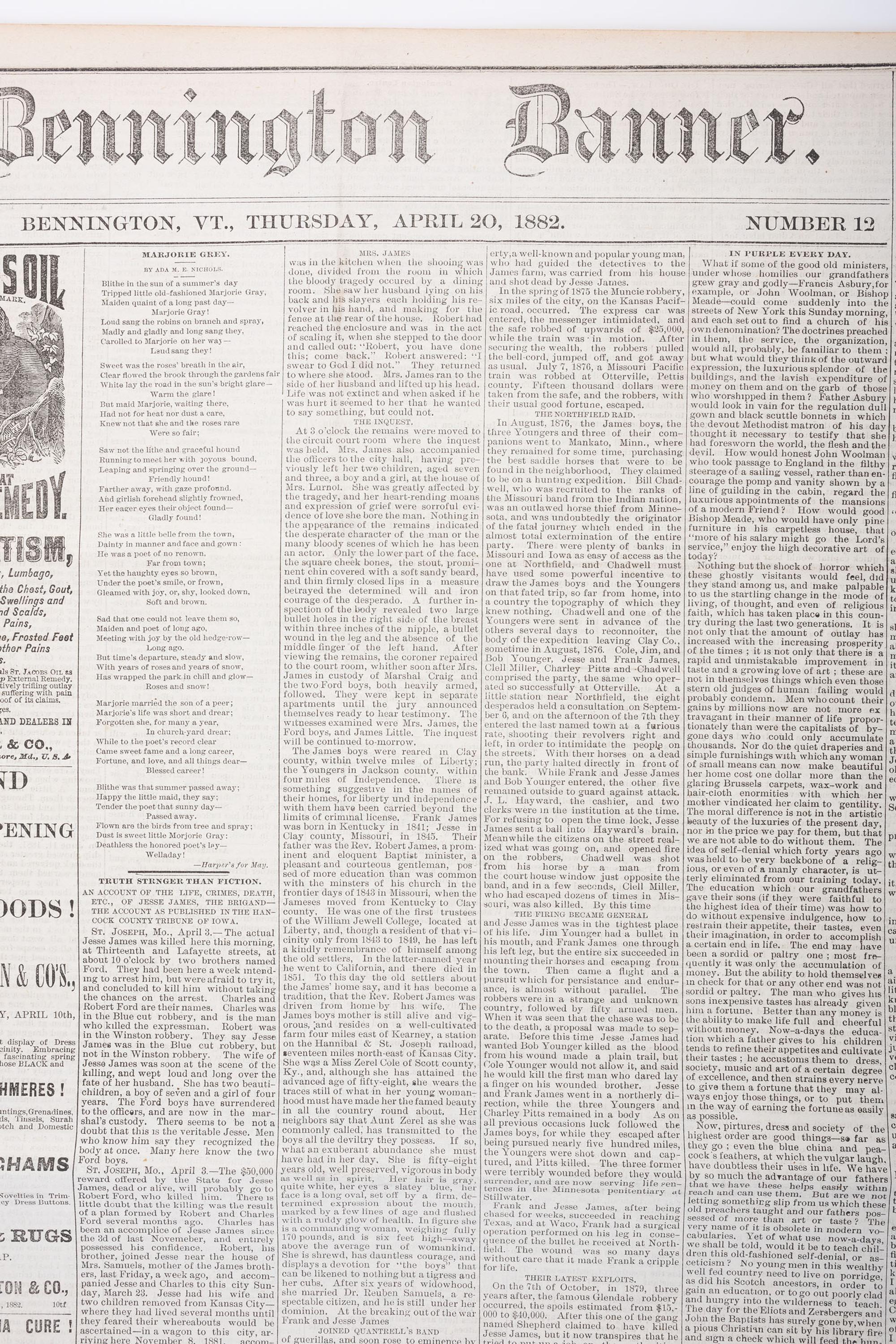 [OUTLAWS & LAWMEN]. Bennington Weekly Banner . Vol. XLII, No. 12. Bennington, VT: C.A. Pierce, 20 April 1882. Death of Jesse James featured in front page report.